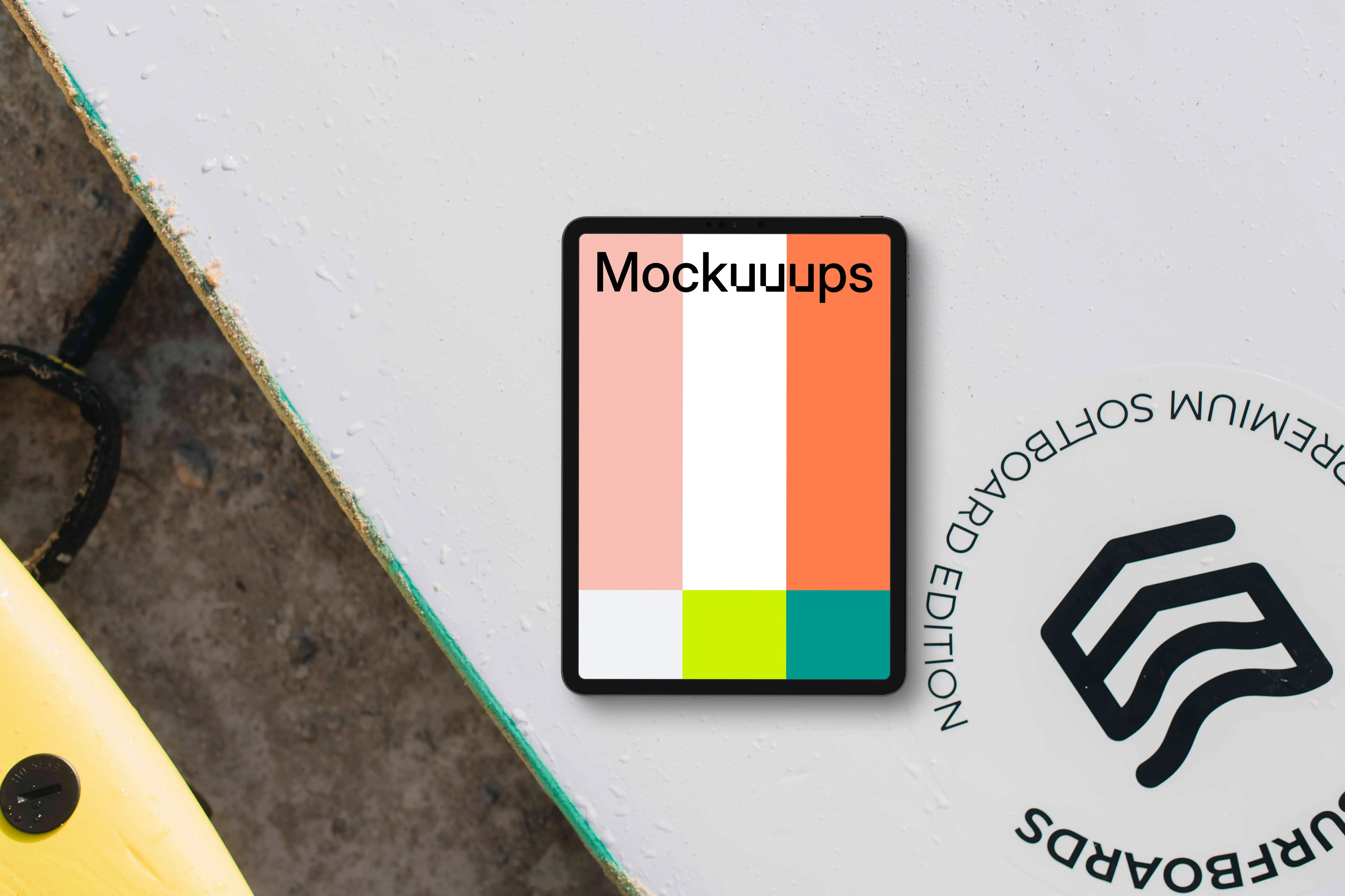 Tablet mockup on the surfboard