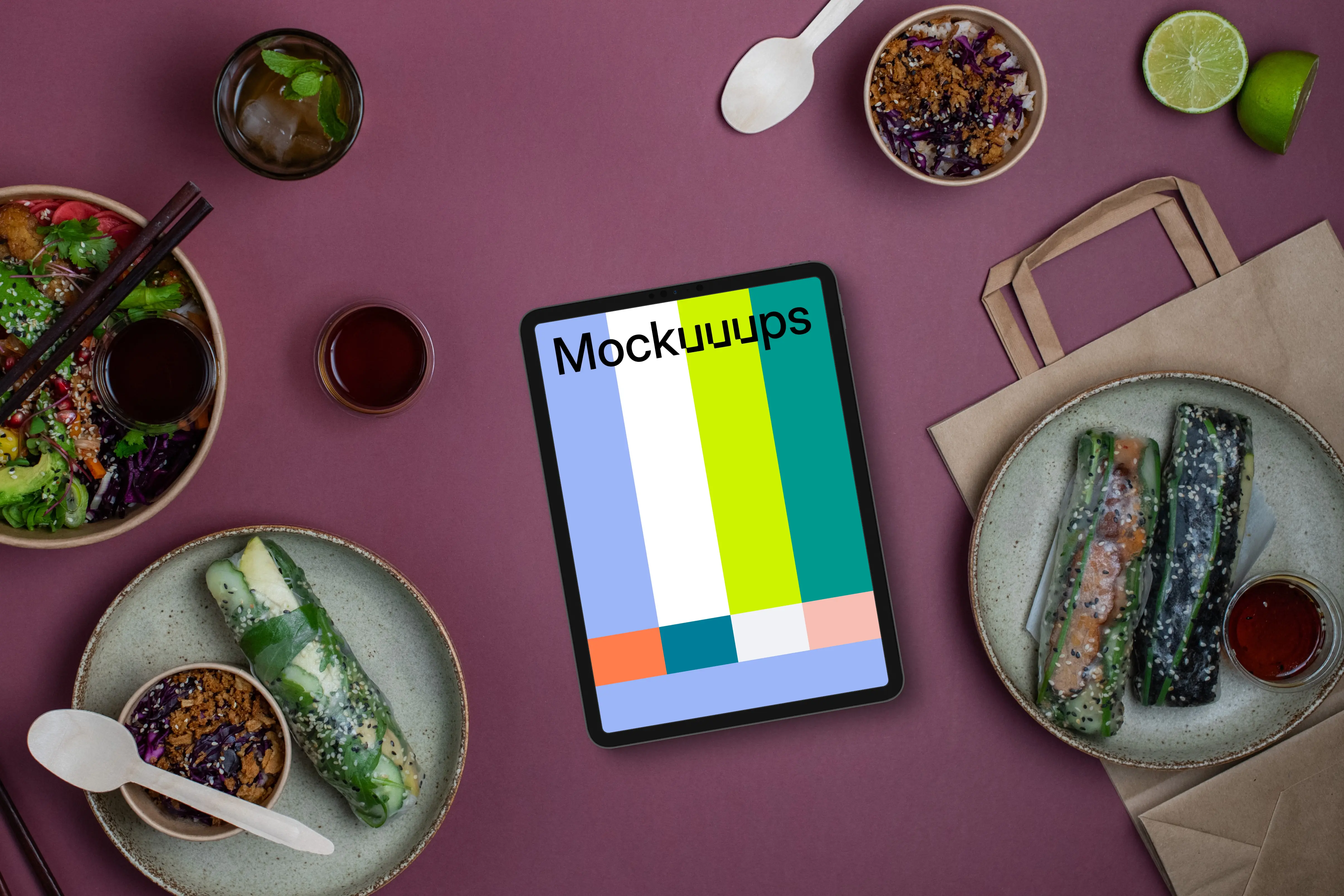Tablet mockup surrounded by Asian food
