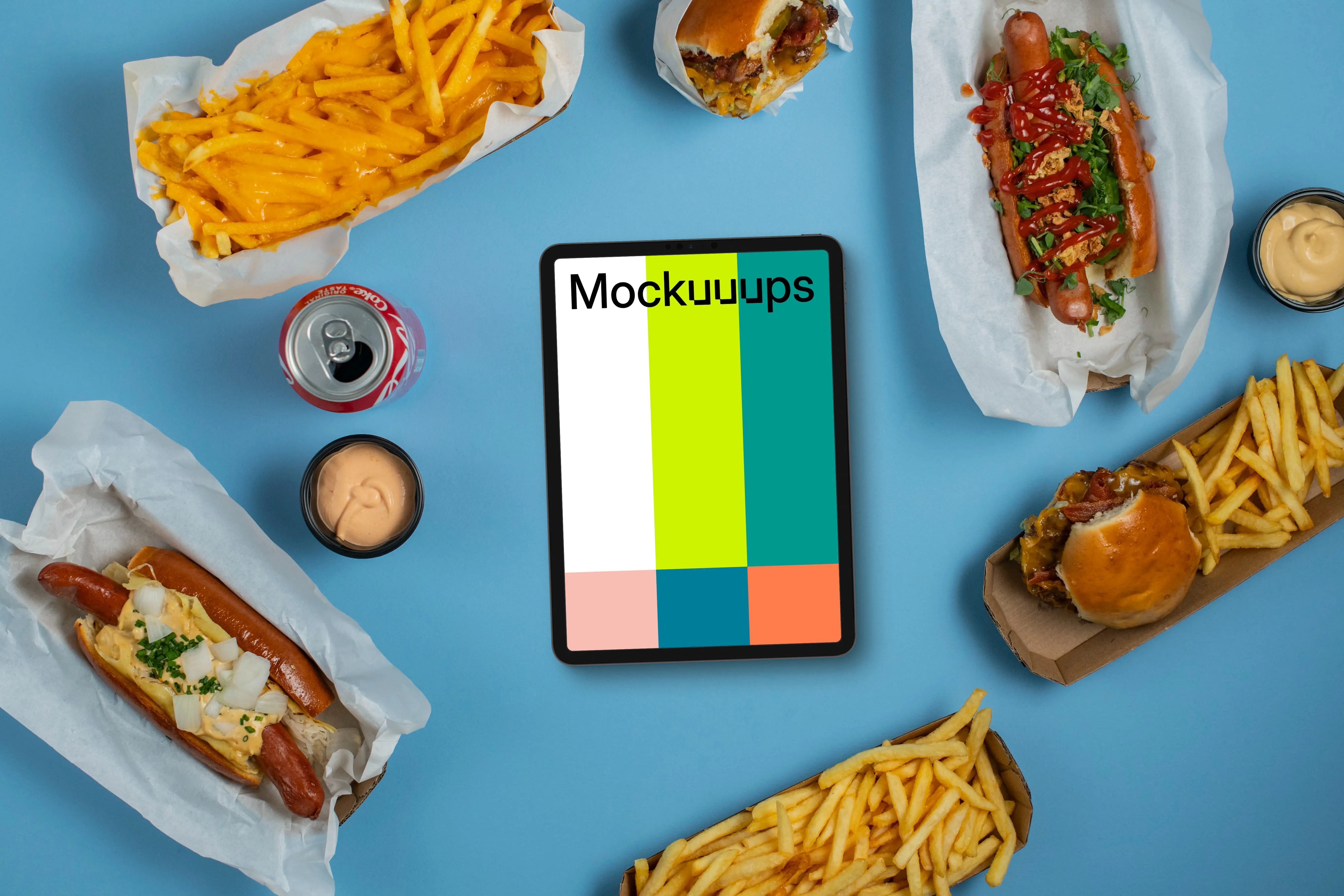 Tablet mockup surrounded by hot-dogs and fries