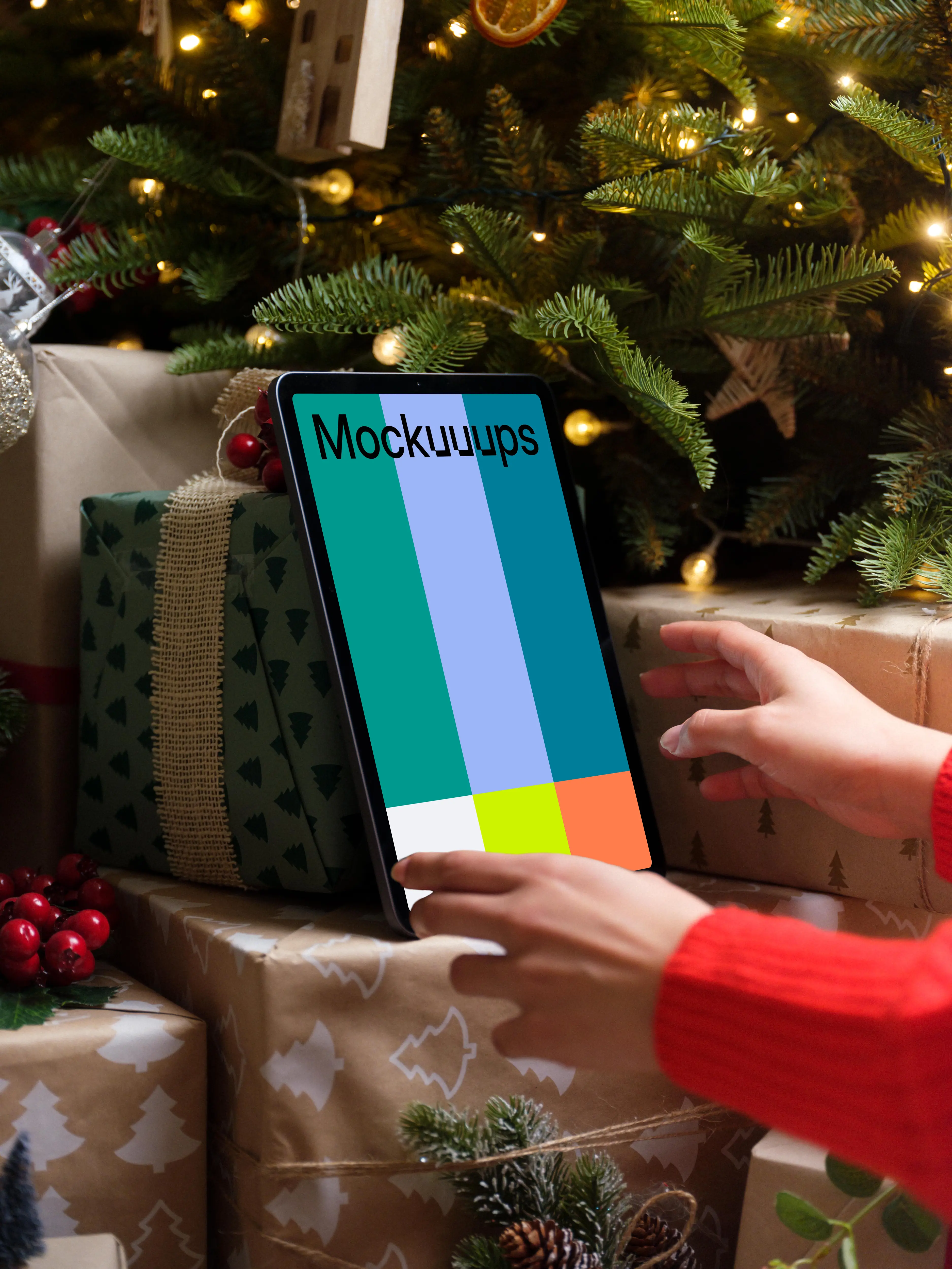 Tablet mockup under the Christmas tree