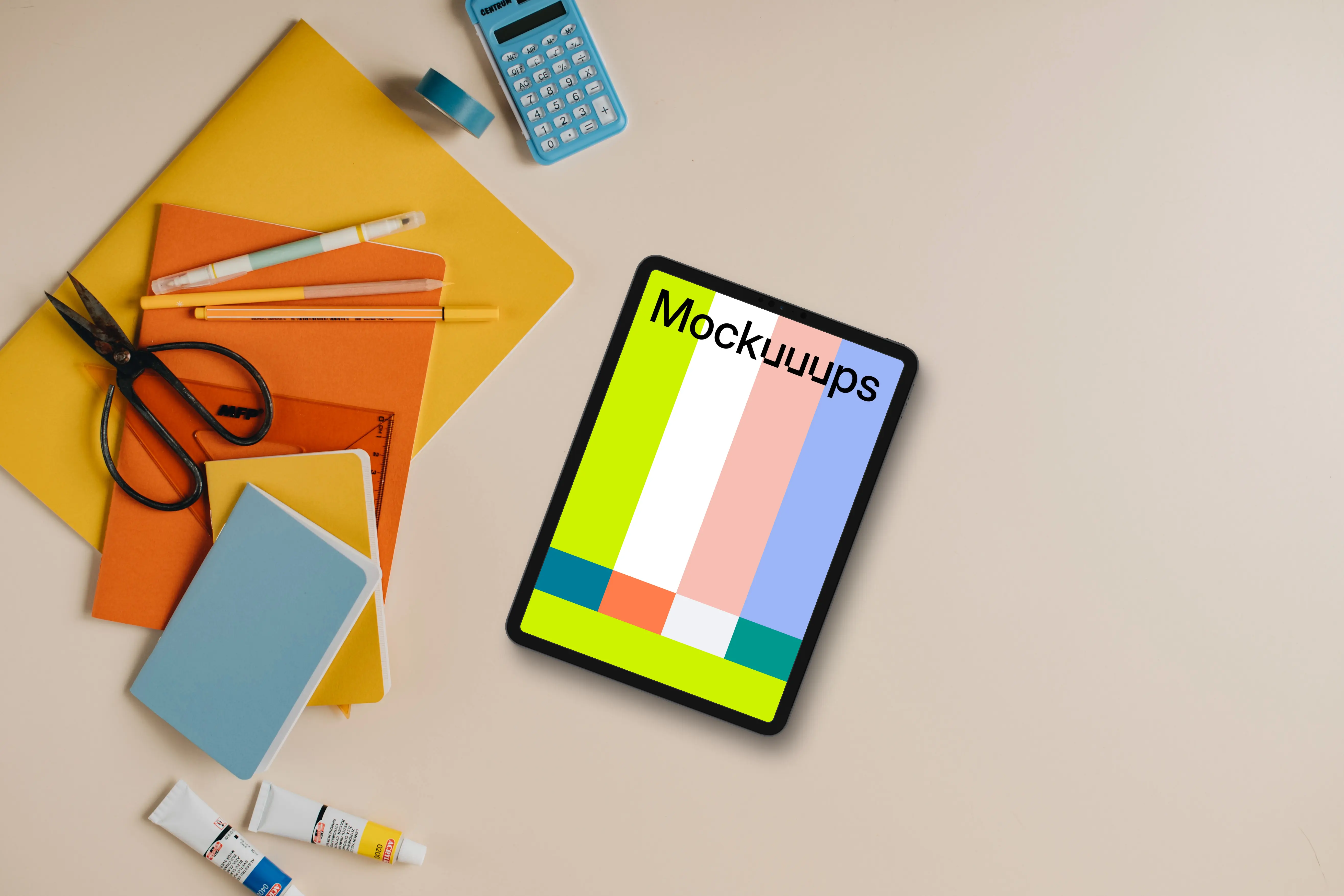 Tablet mockup with a school equipment on the side
