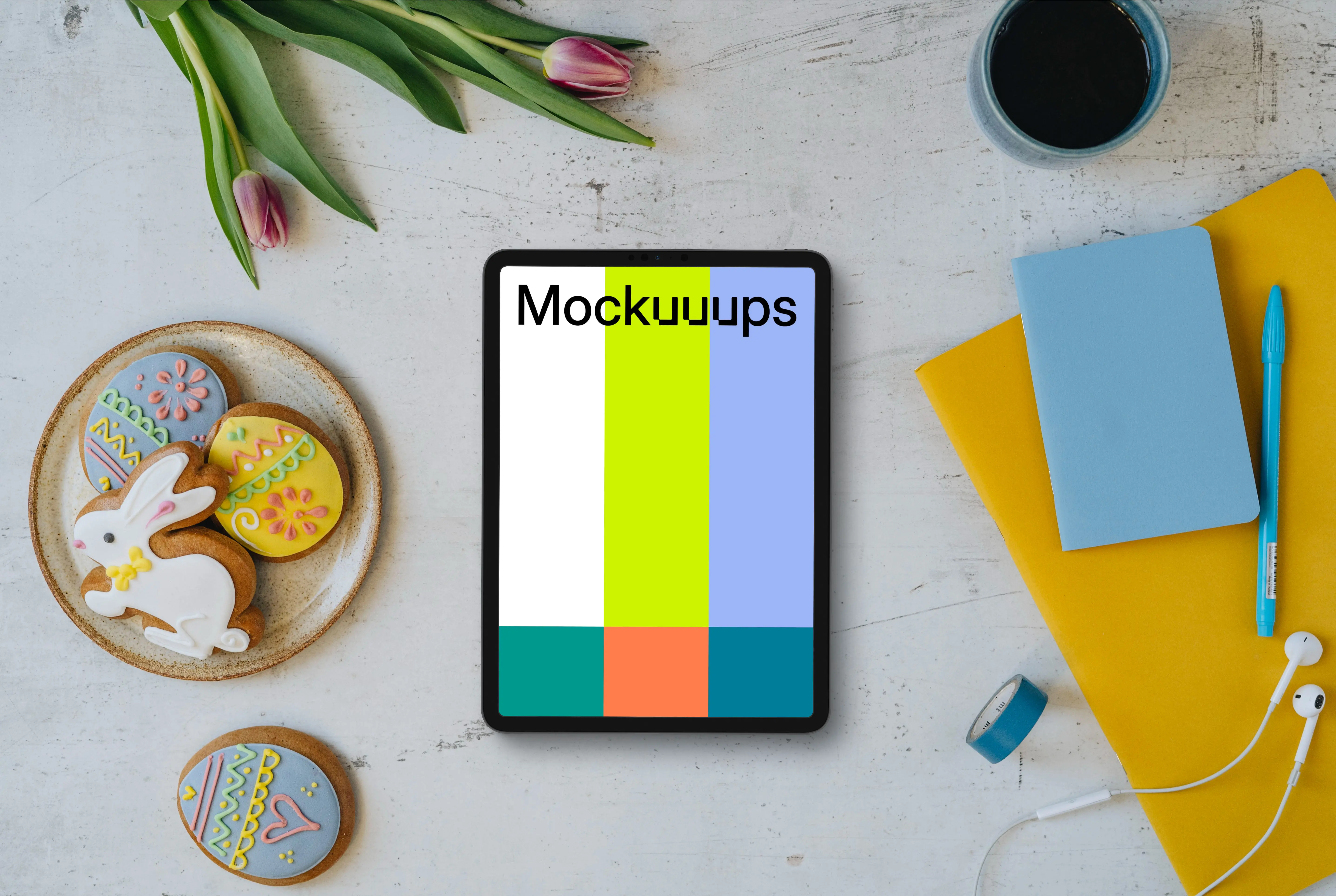 Tablet mockup with an Easter bunny and purple tulips