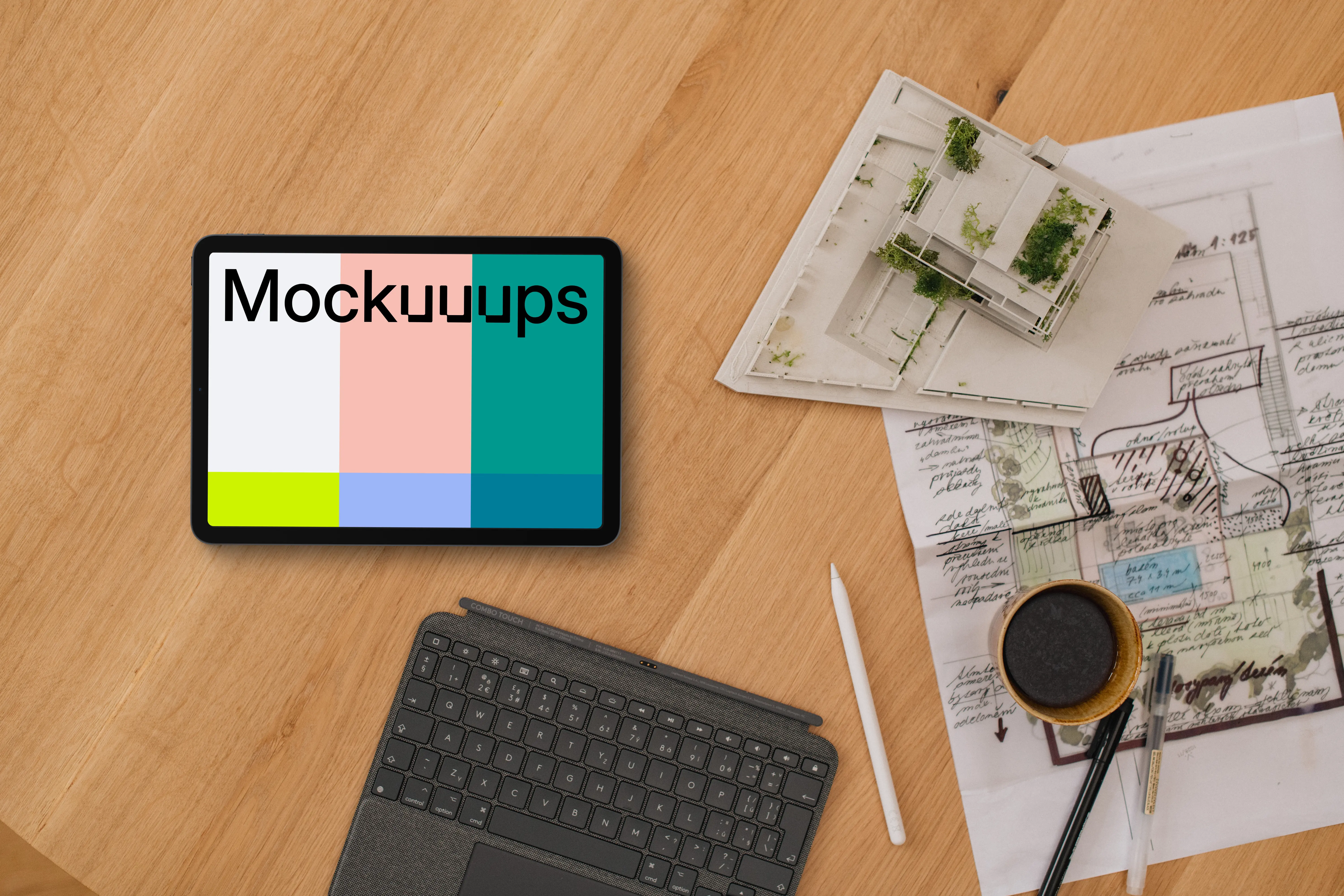 Tablet mockup with architect plans and coffee