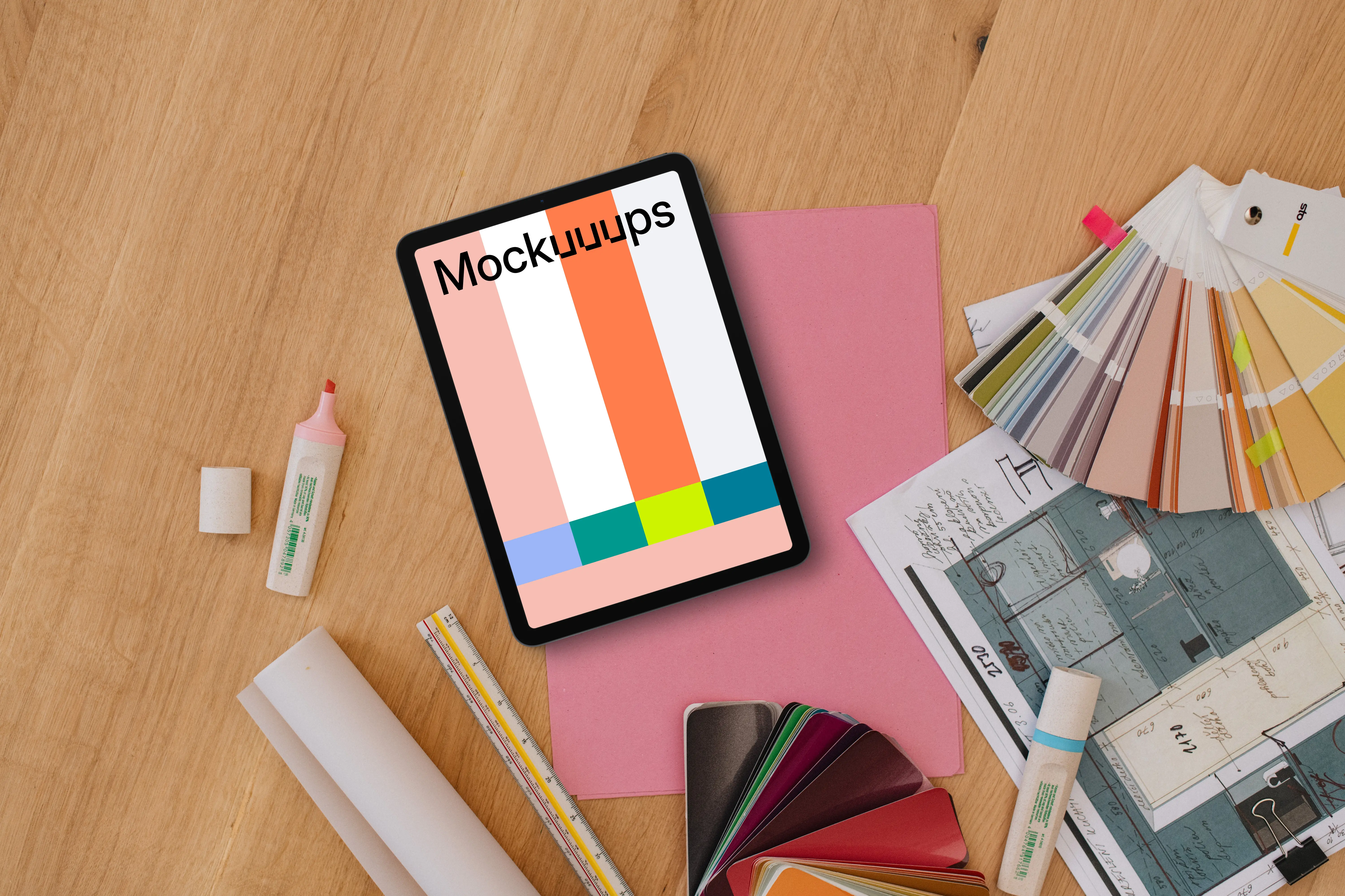 Tablet mockup with architect's design materials