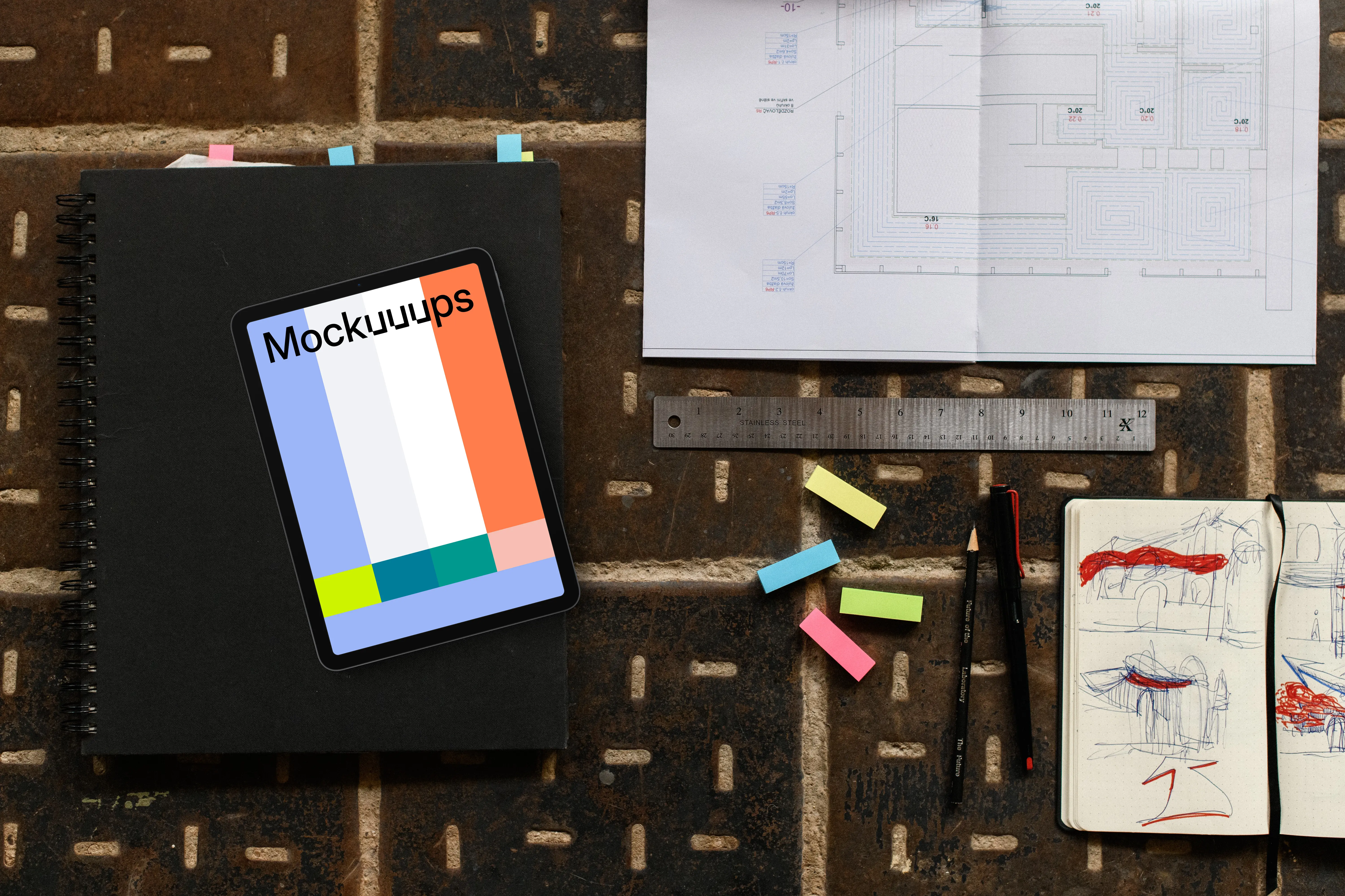 Tablet mockup with architectural blueprint and sketchbook