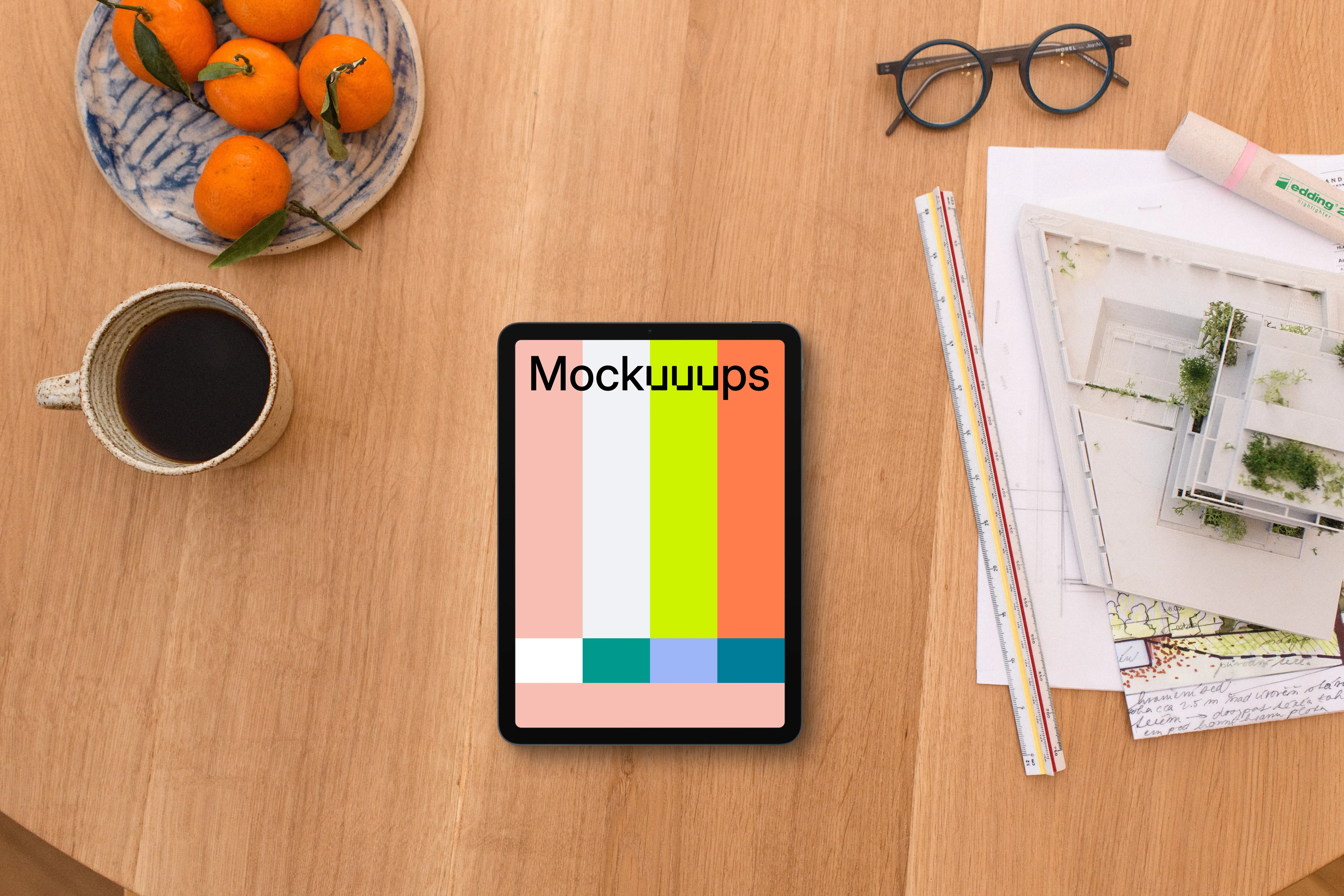 Tablet mockup with architectural plans and accessories