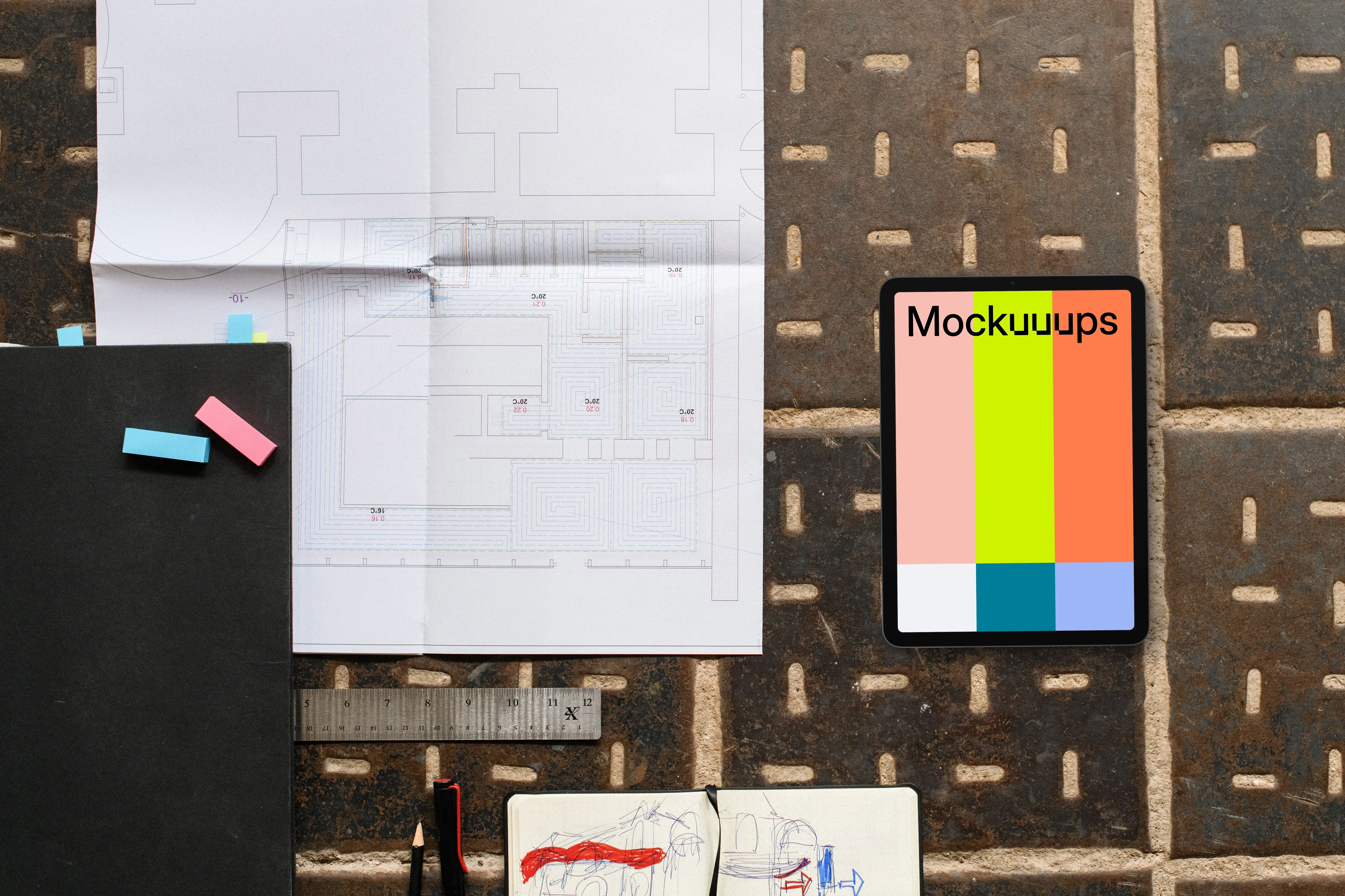 Tablet mockup with architectural plans