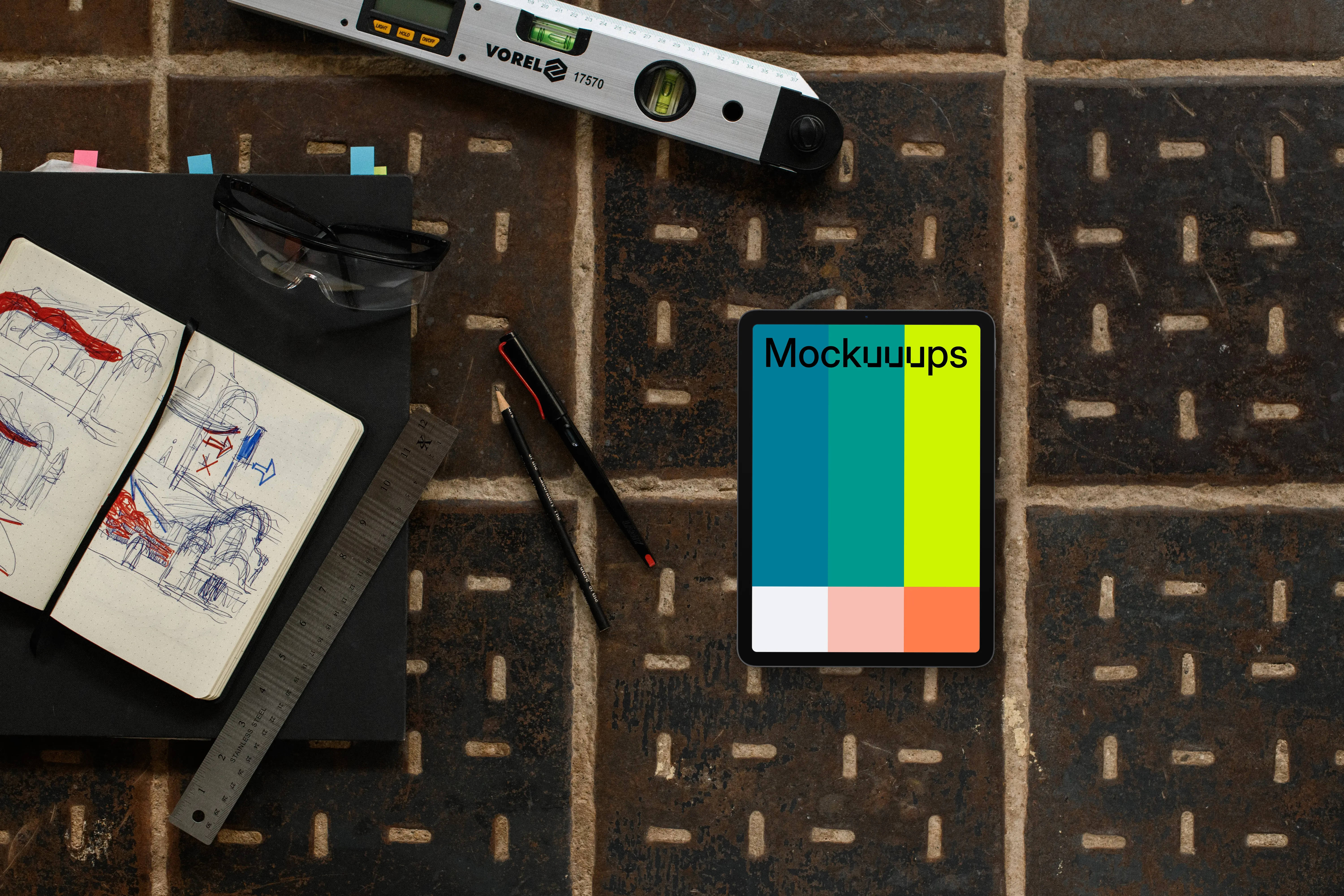 Tablet mockup with architectural tools and sketches