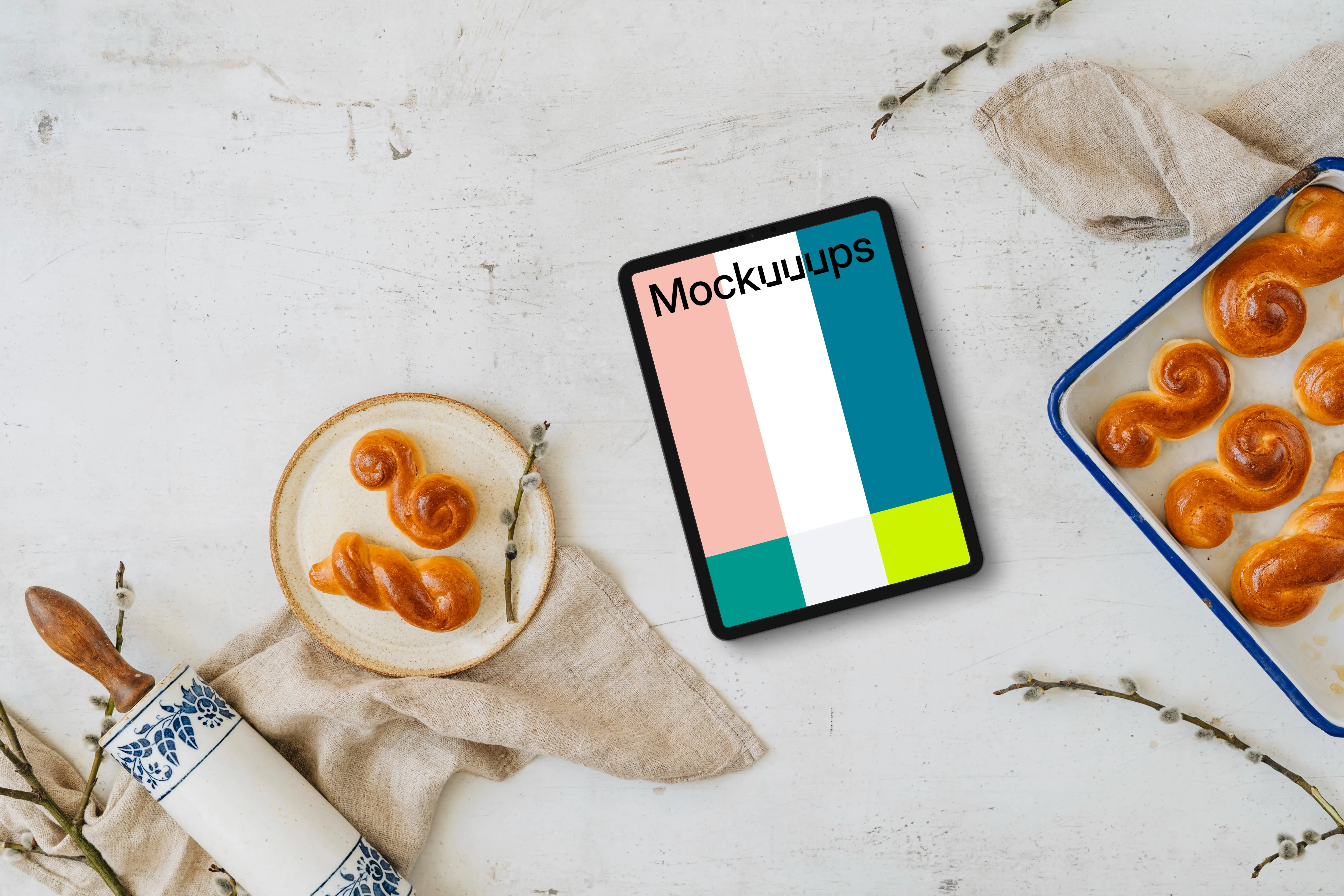 Tablet mockup with baked Easter pastries