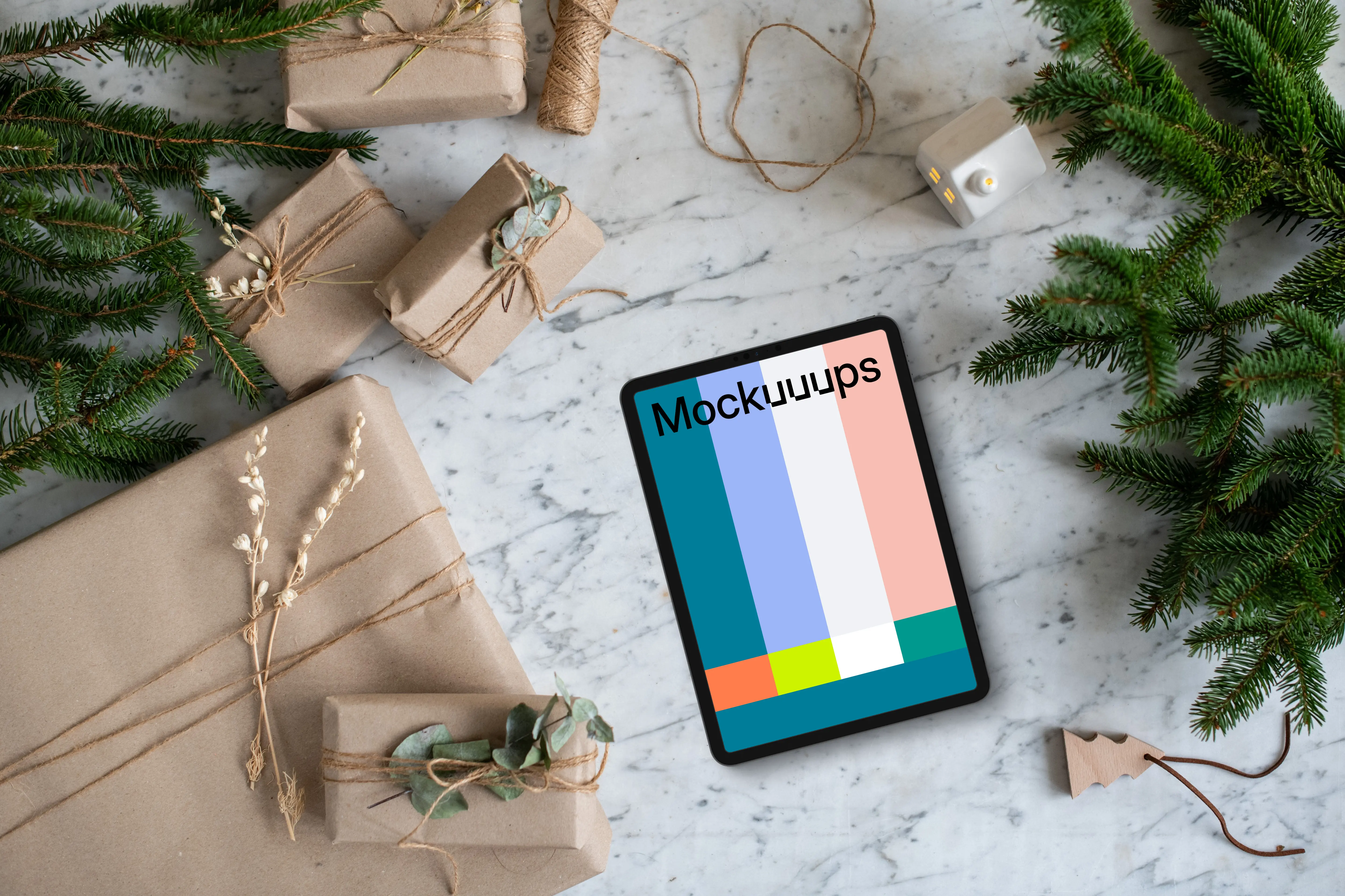 Tablet mockup with christmas decoration