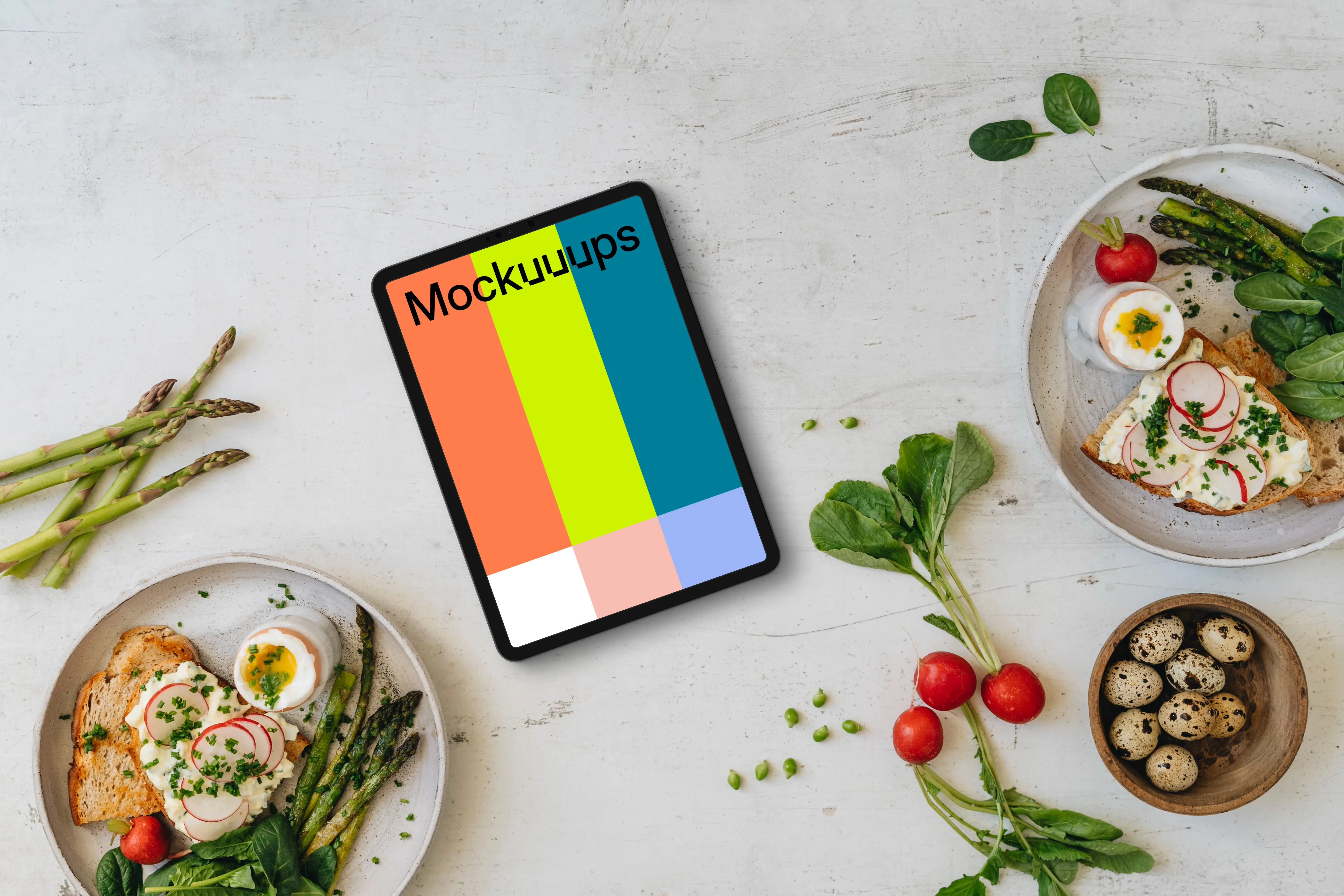 Tablet mockup with Easter breakfast