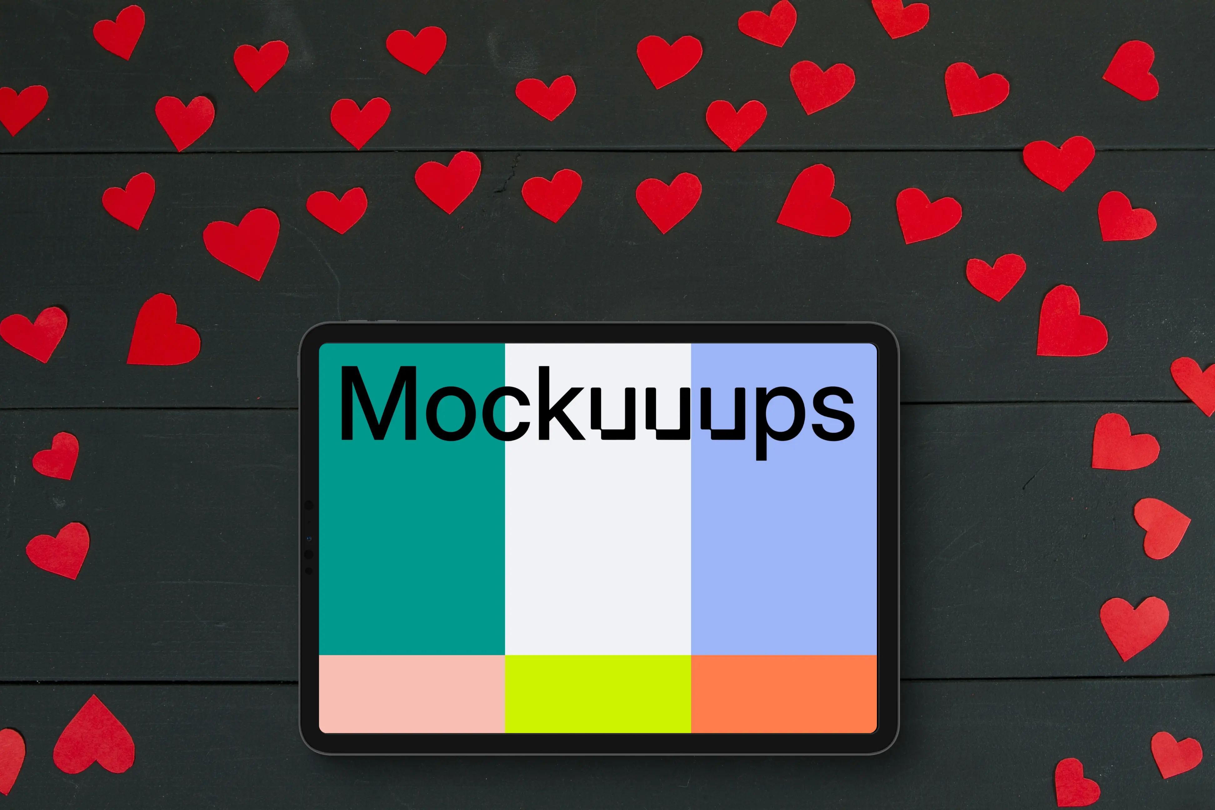 Tablet mockup with hearts surrounding it