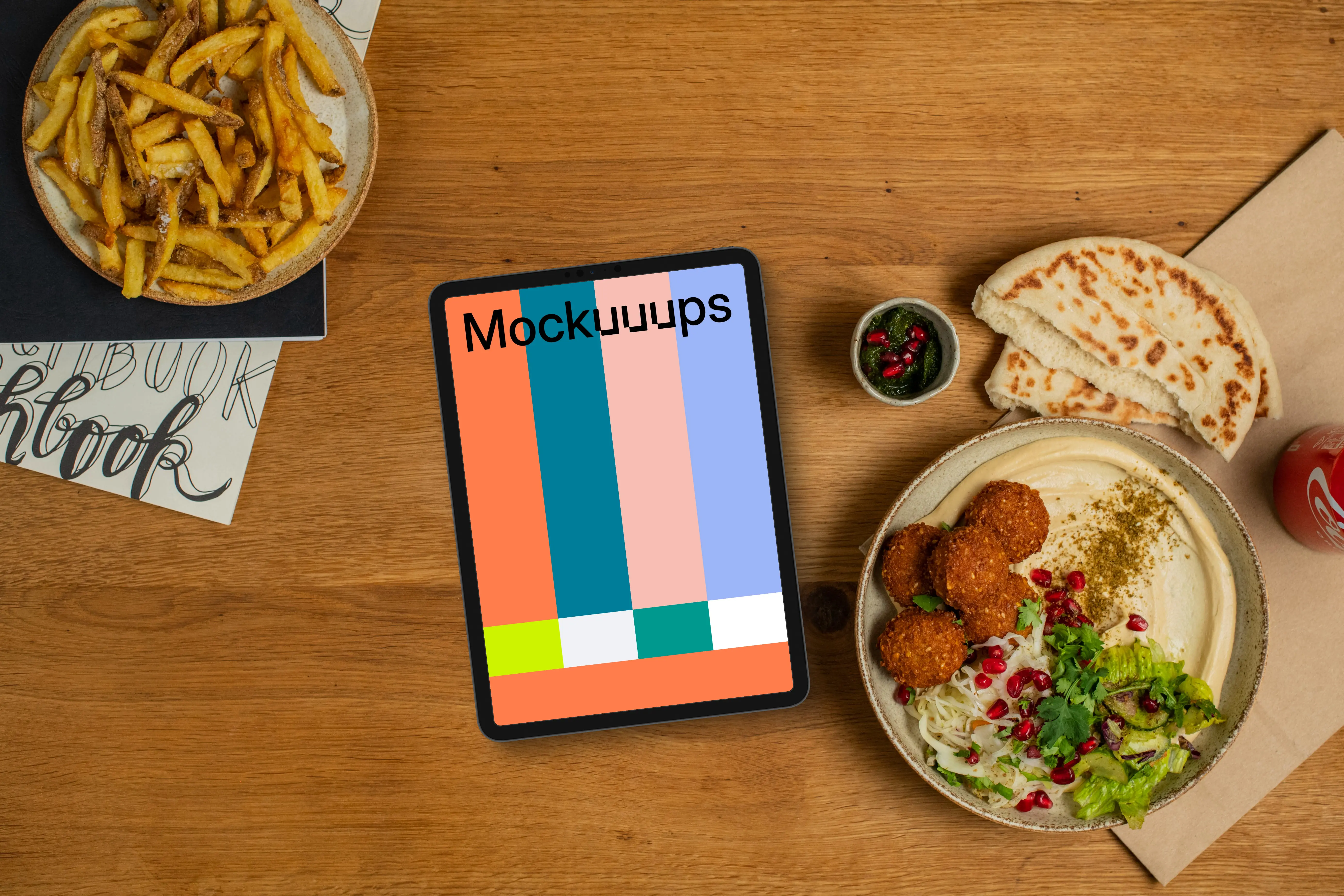 Tablet mockup with hummus and falafel