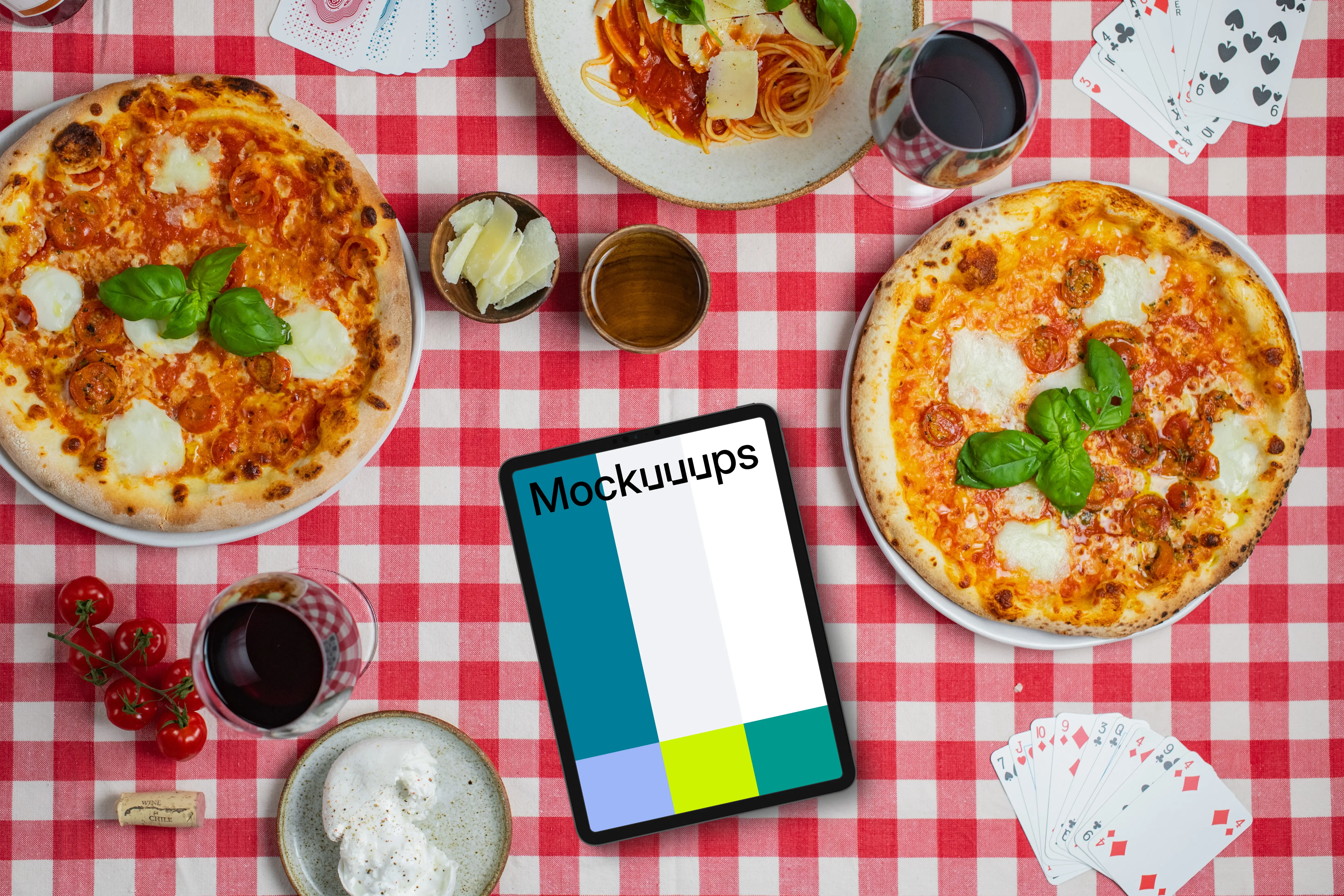 Tablet mockup with pizzas