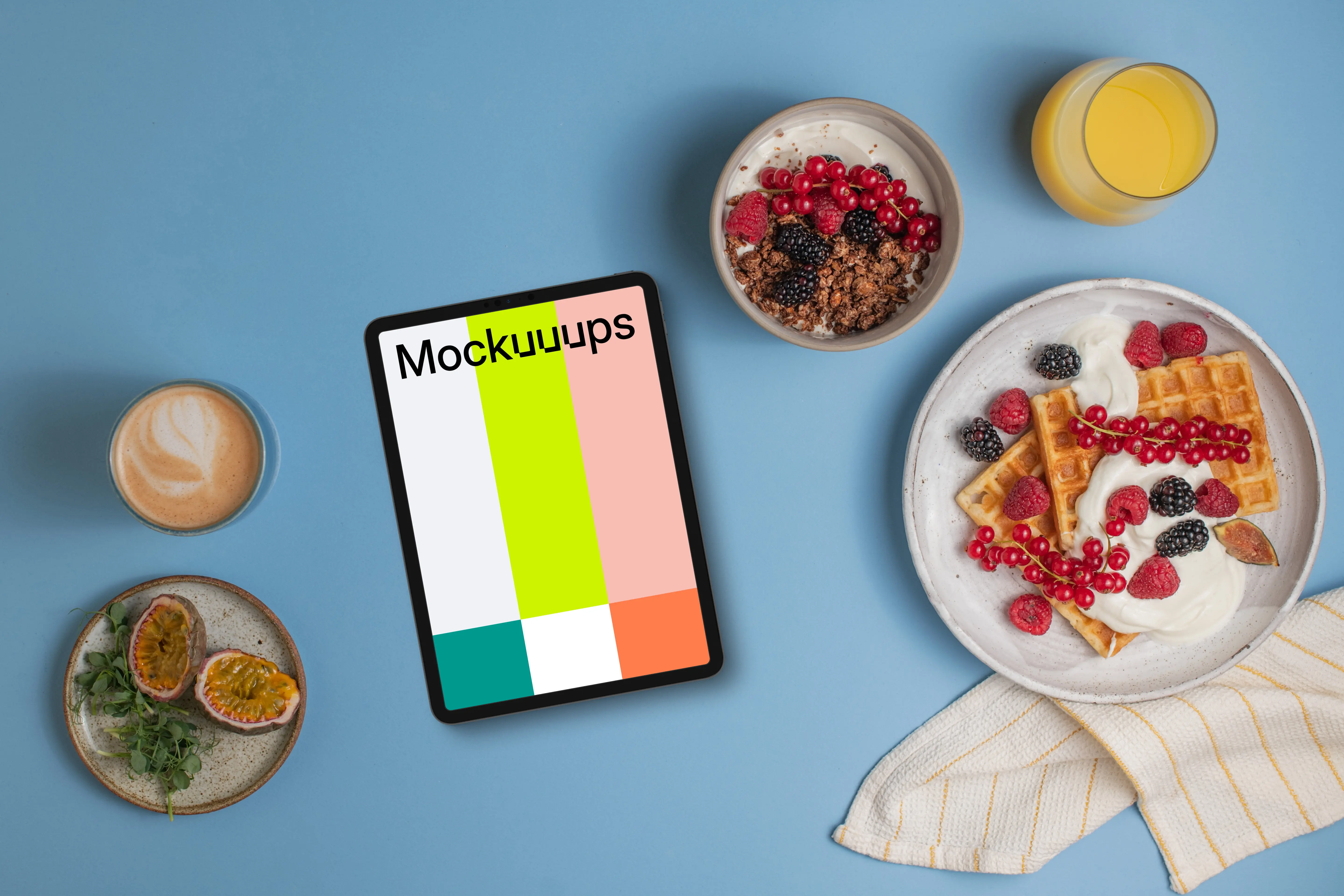 Tablet mockup with plate of waffles