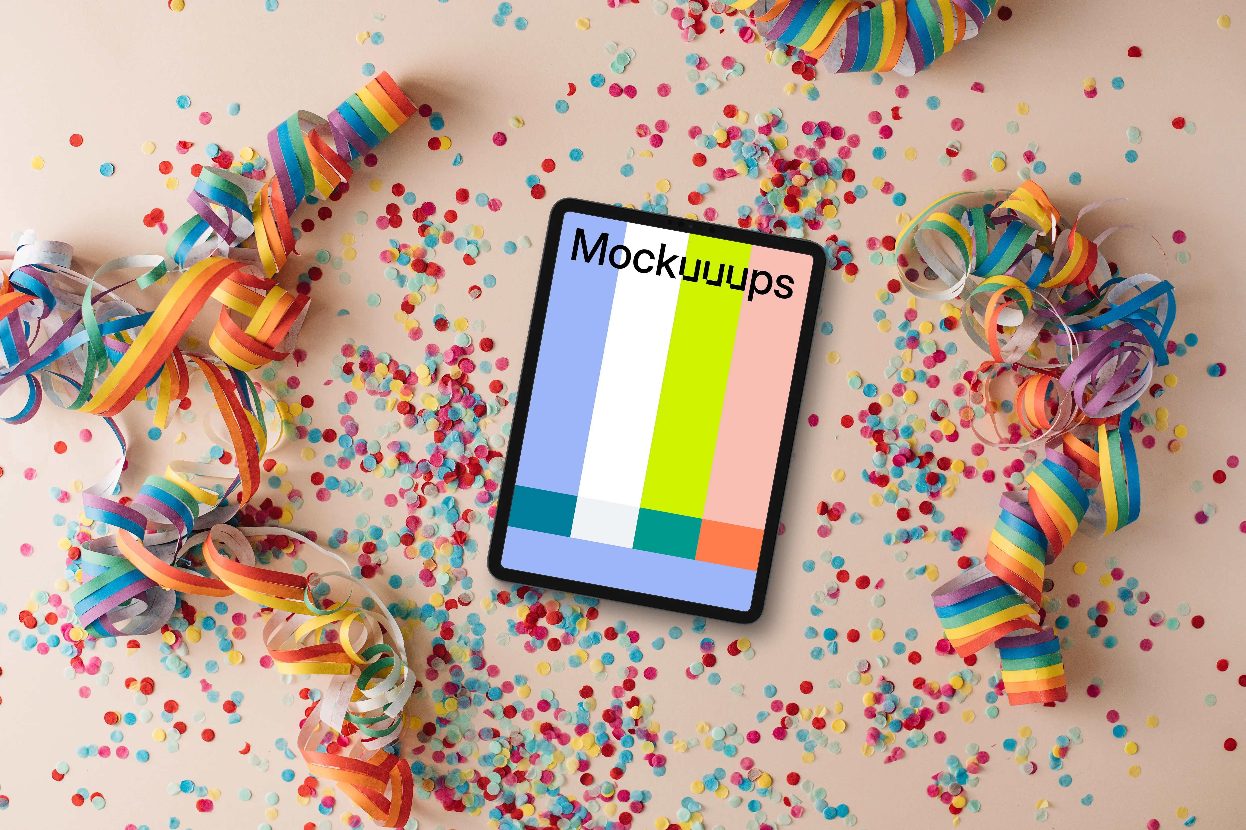 Tablet mockup with rainbow confetti