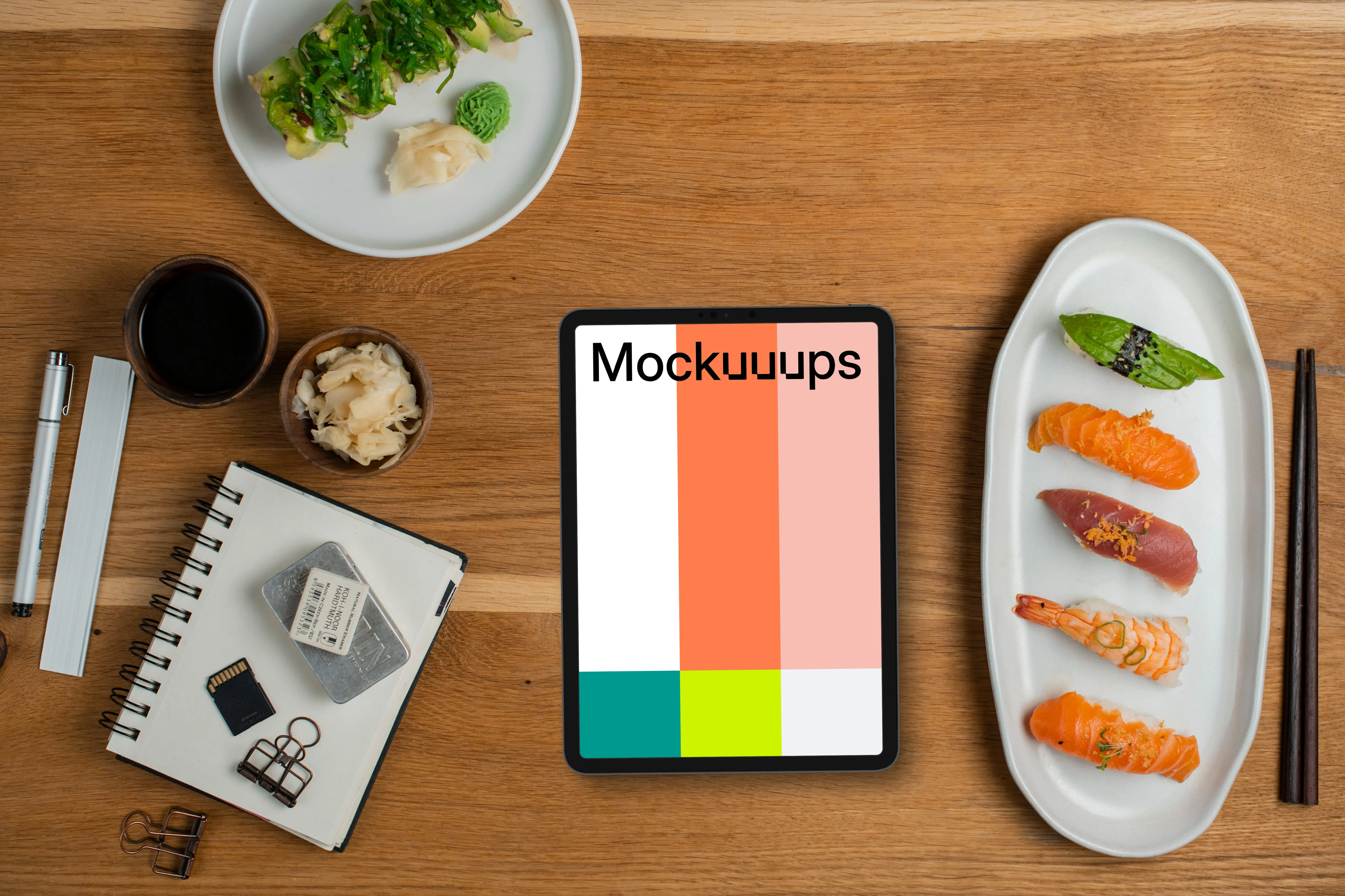 Tablet mockup with sushi on wooden table
