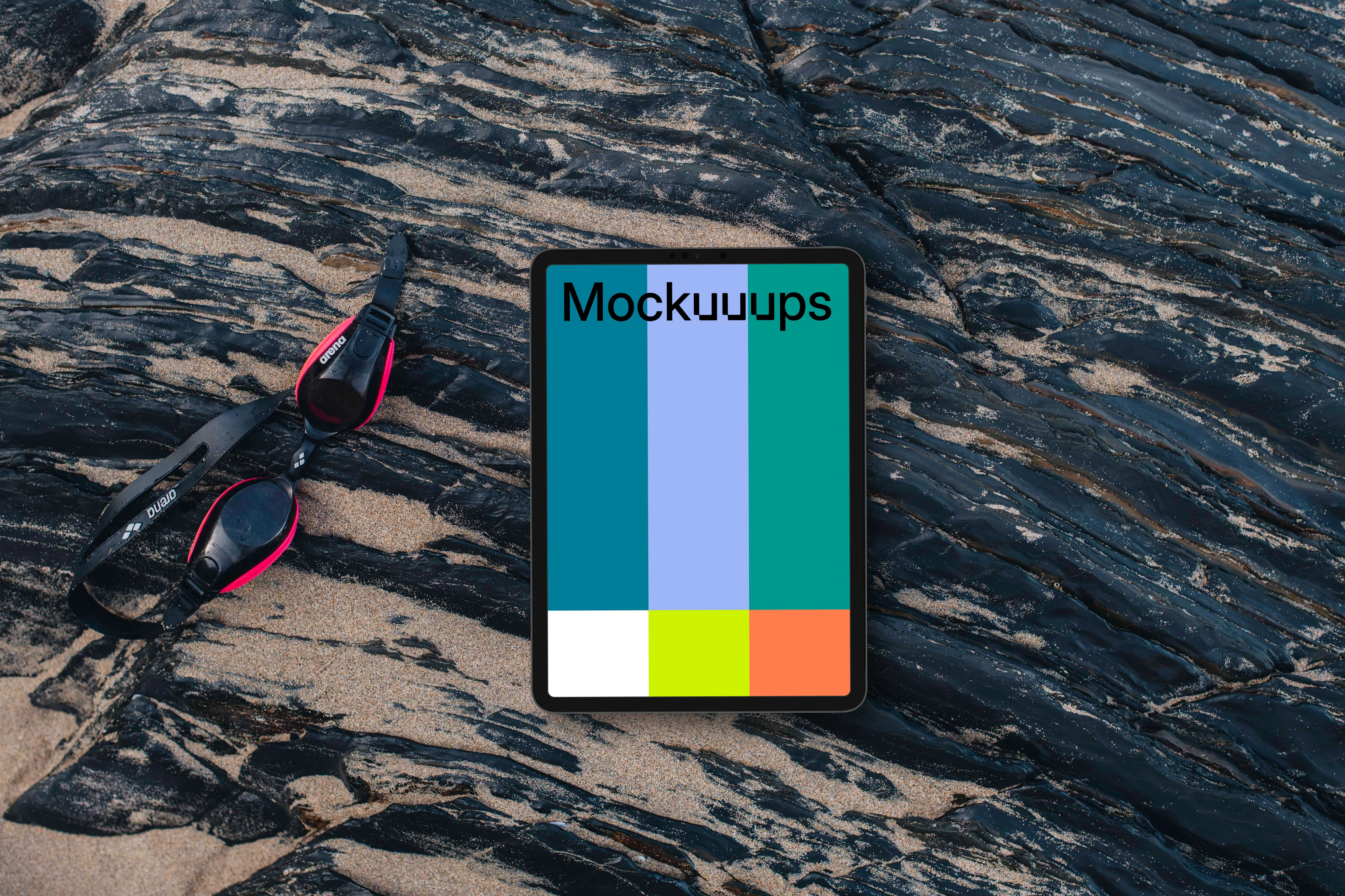 Tablet mockup with swimming goggles