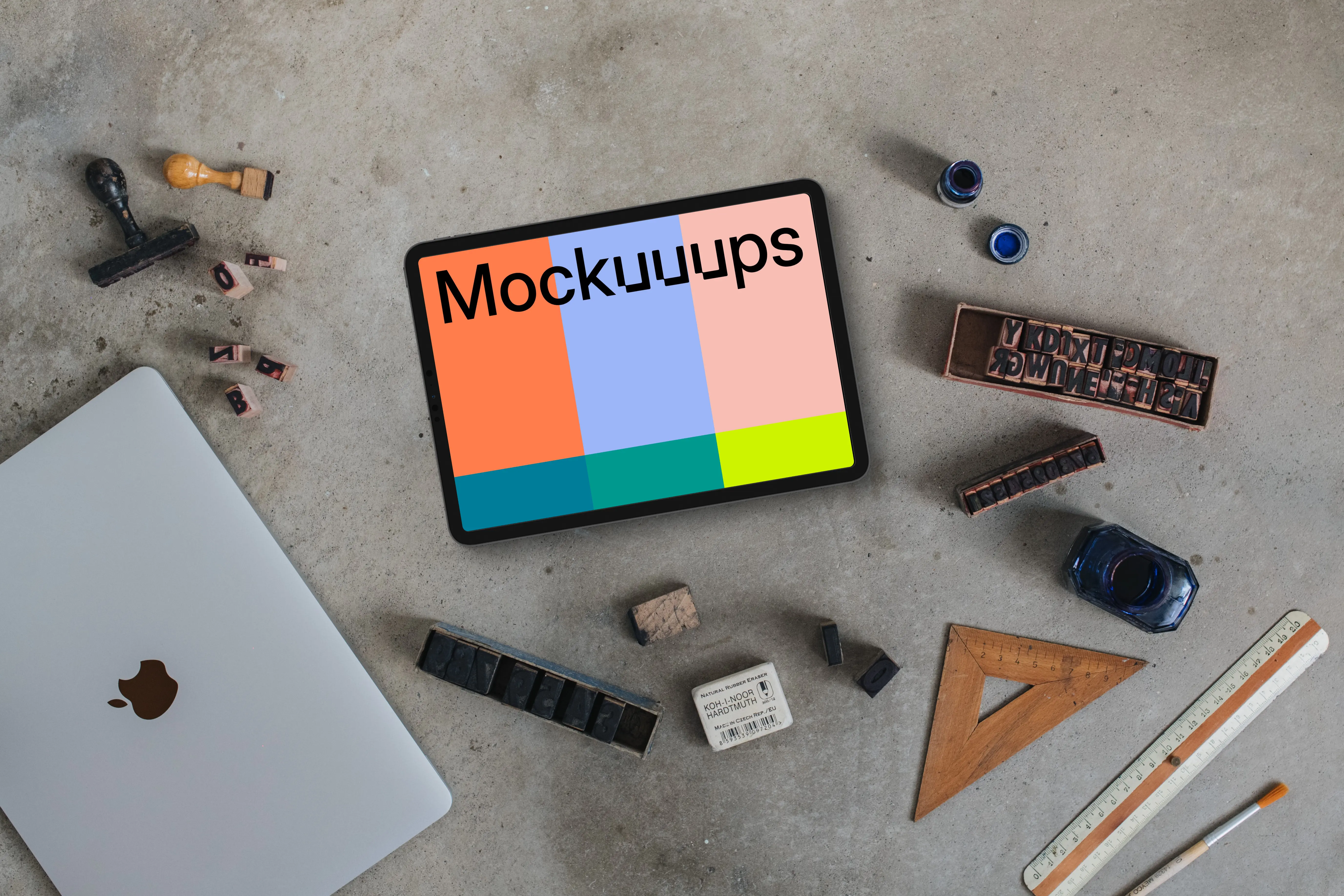 Top view of landscape tablet mockup in the artist atelier