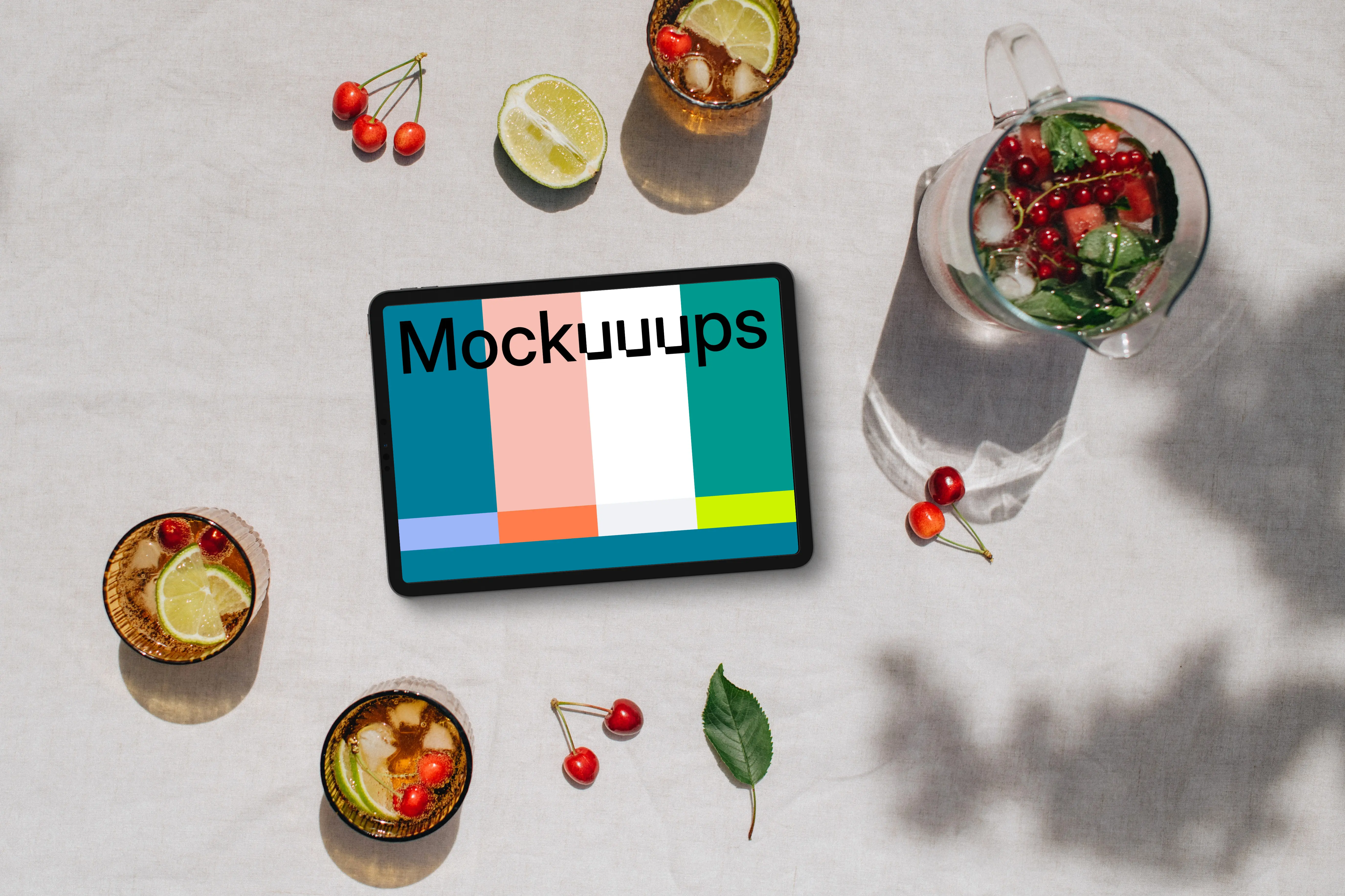 Top view of landscape tablet mockup next to the lime lemonade