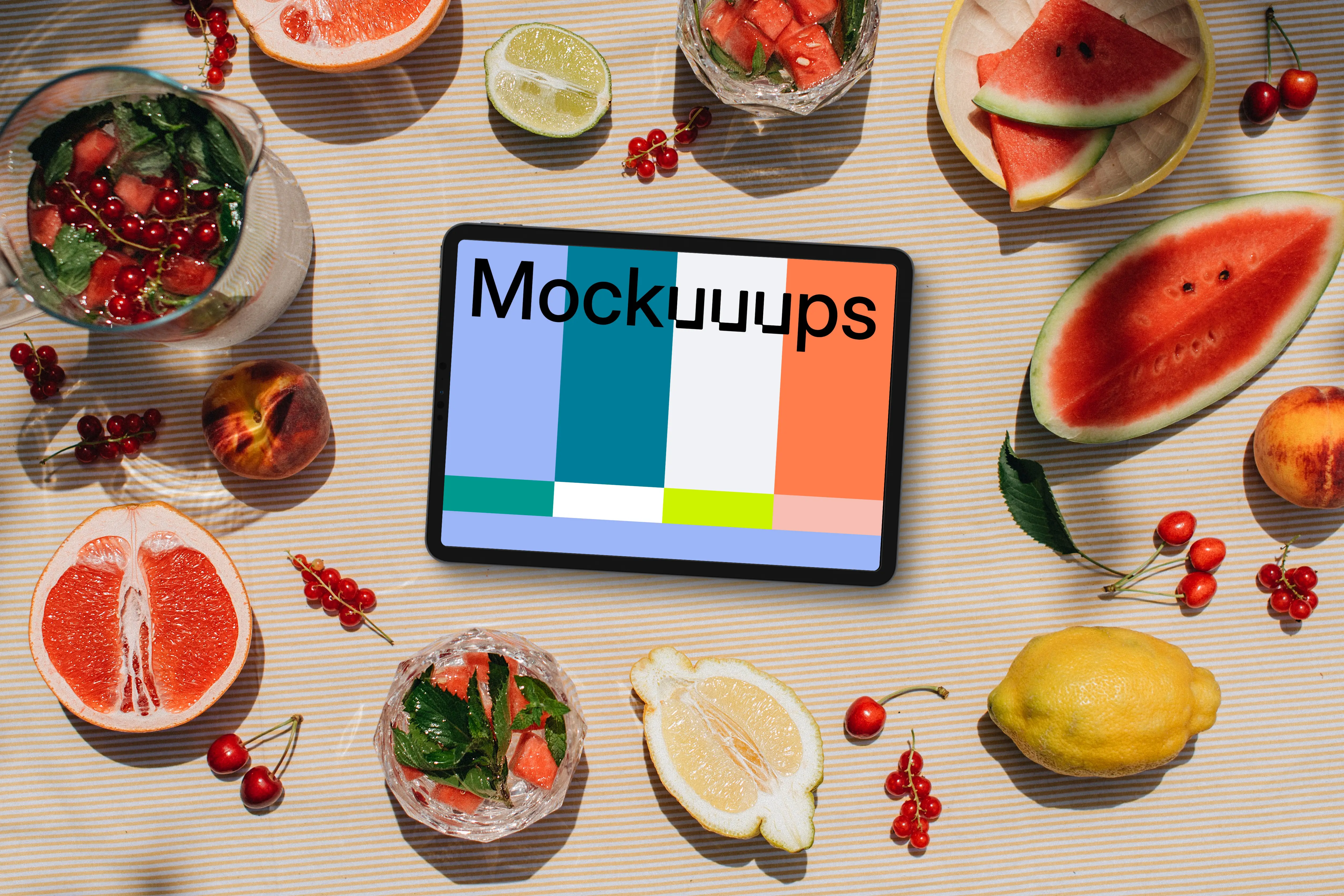 Top view of landscape tablet mockup with fruits