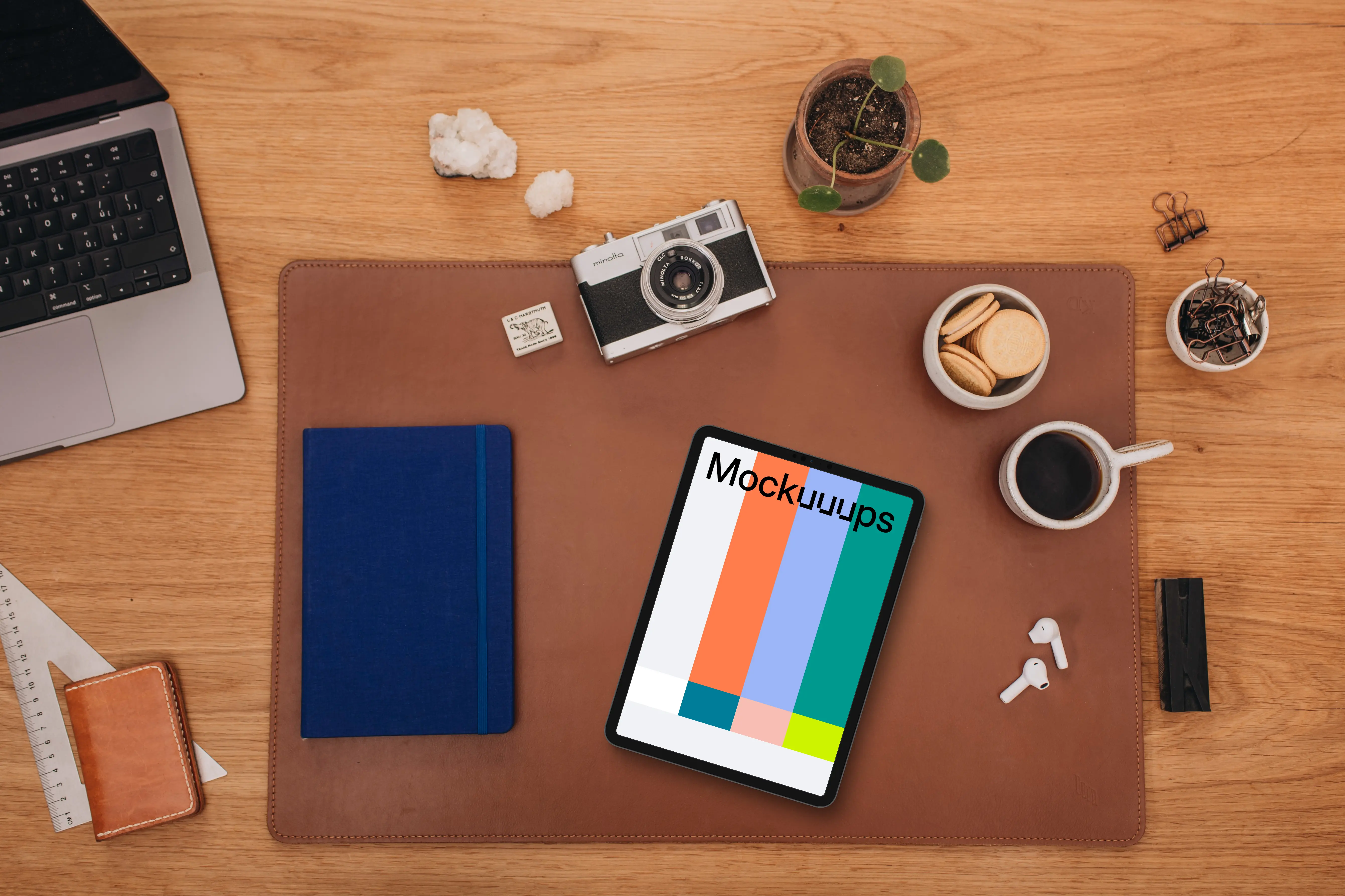 Top view of tablet mockup at home office setup