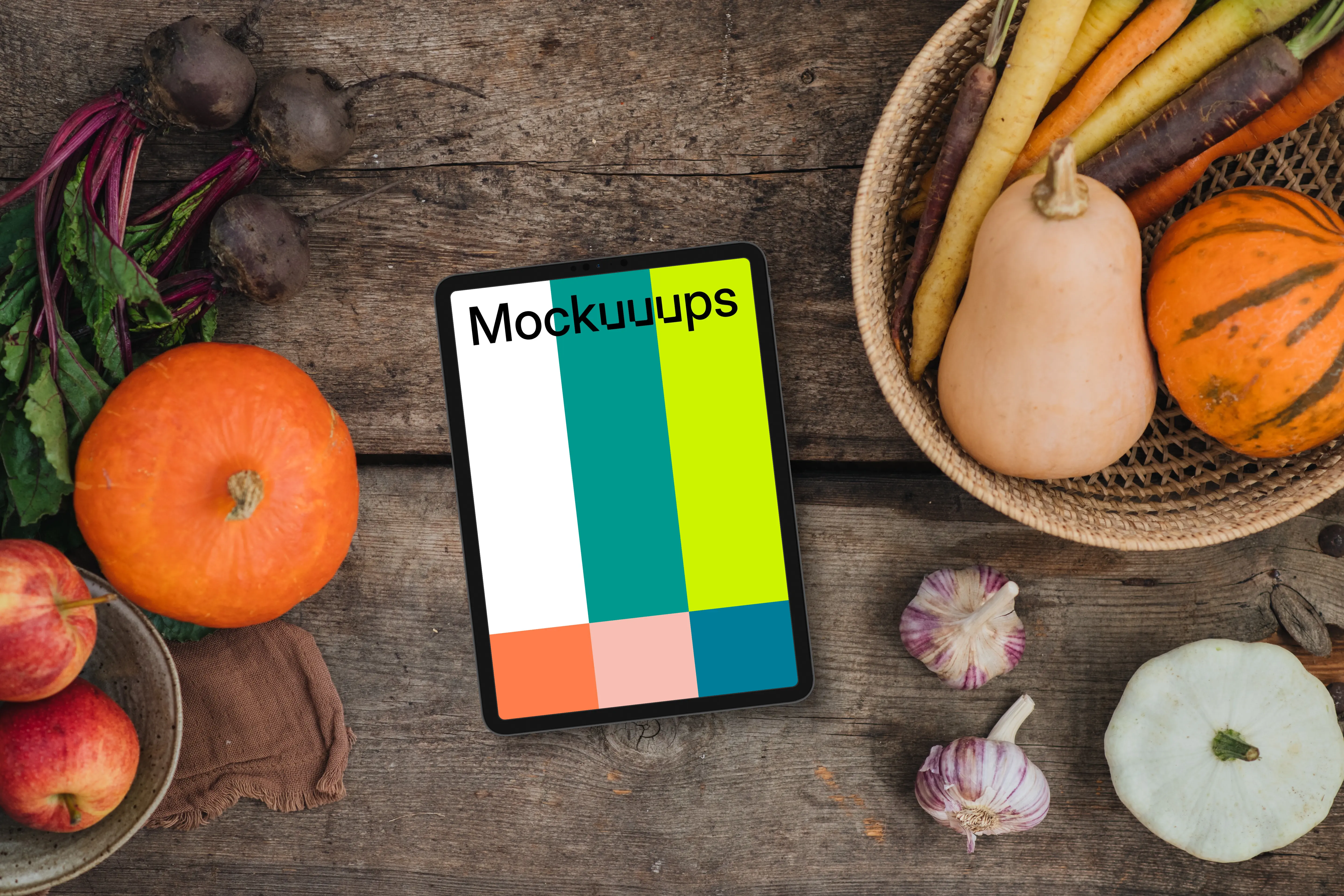 Top view of tablet mockup on the kitchen desk