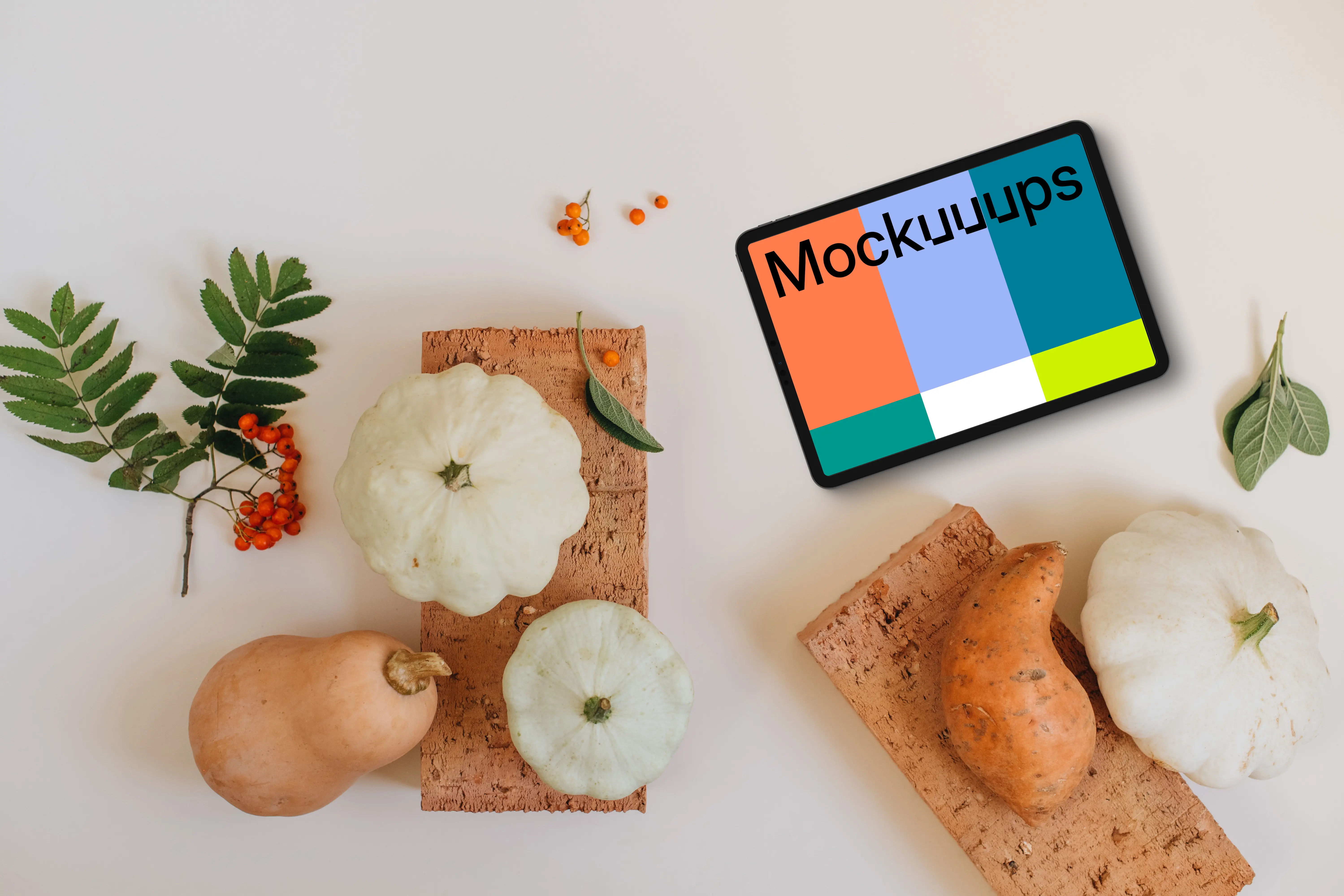 Top view of tablet mockup on the table