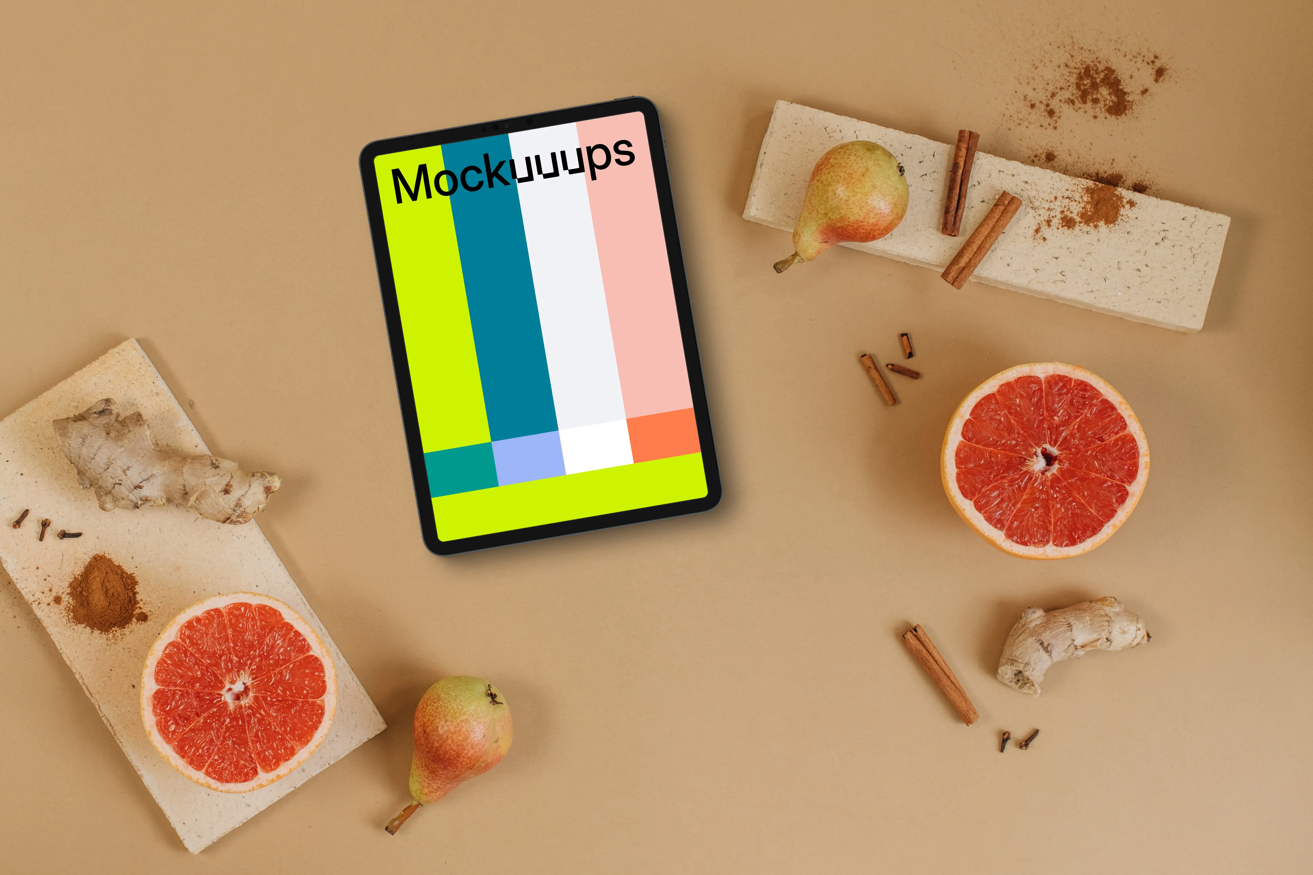 Top view of tablet mockup with autumn styling
