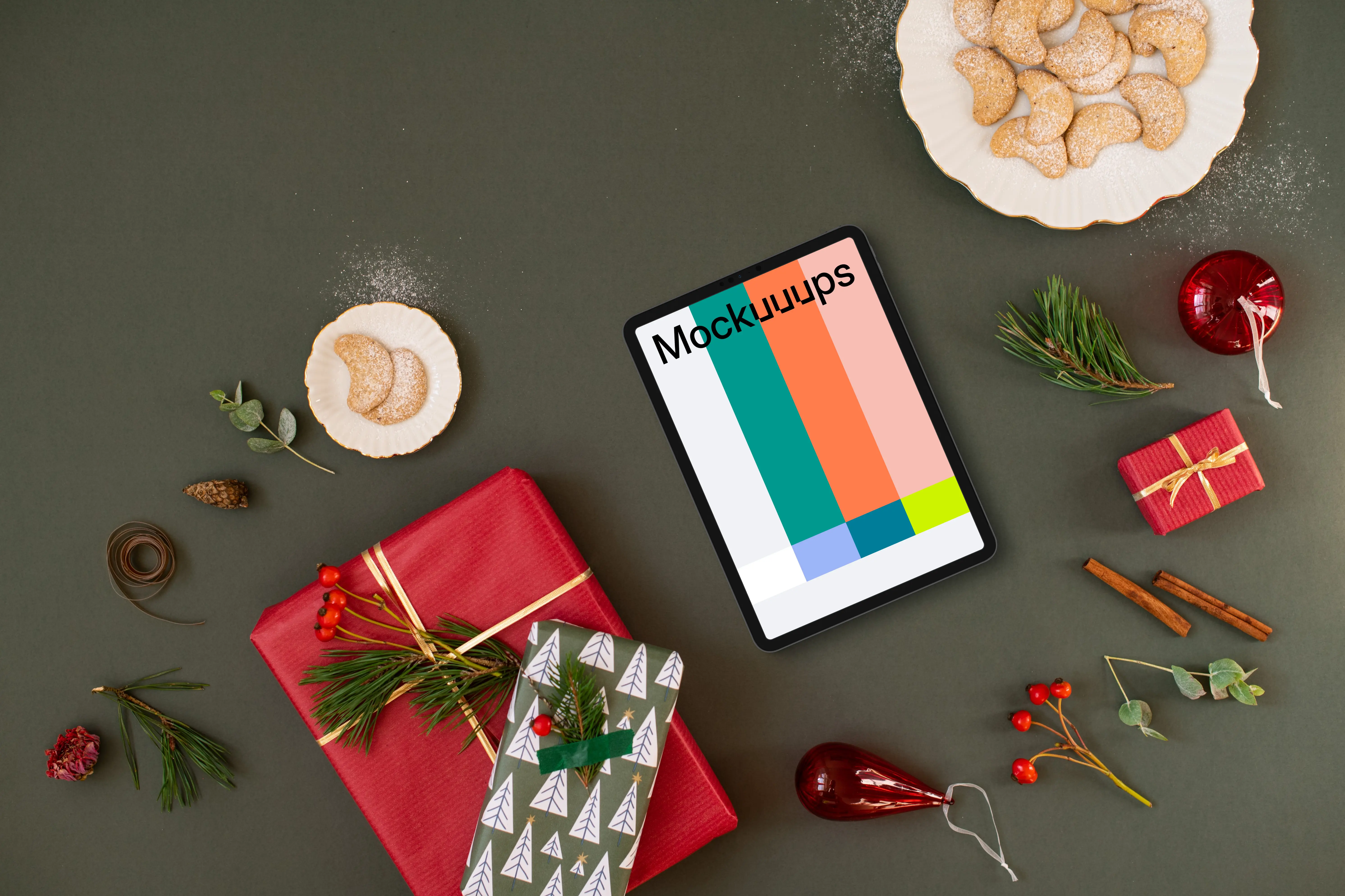 Top view of tablet mockup with christmas background