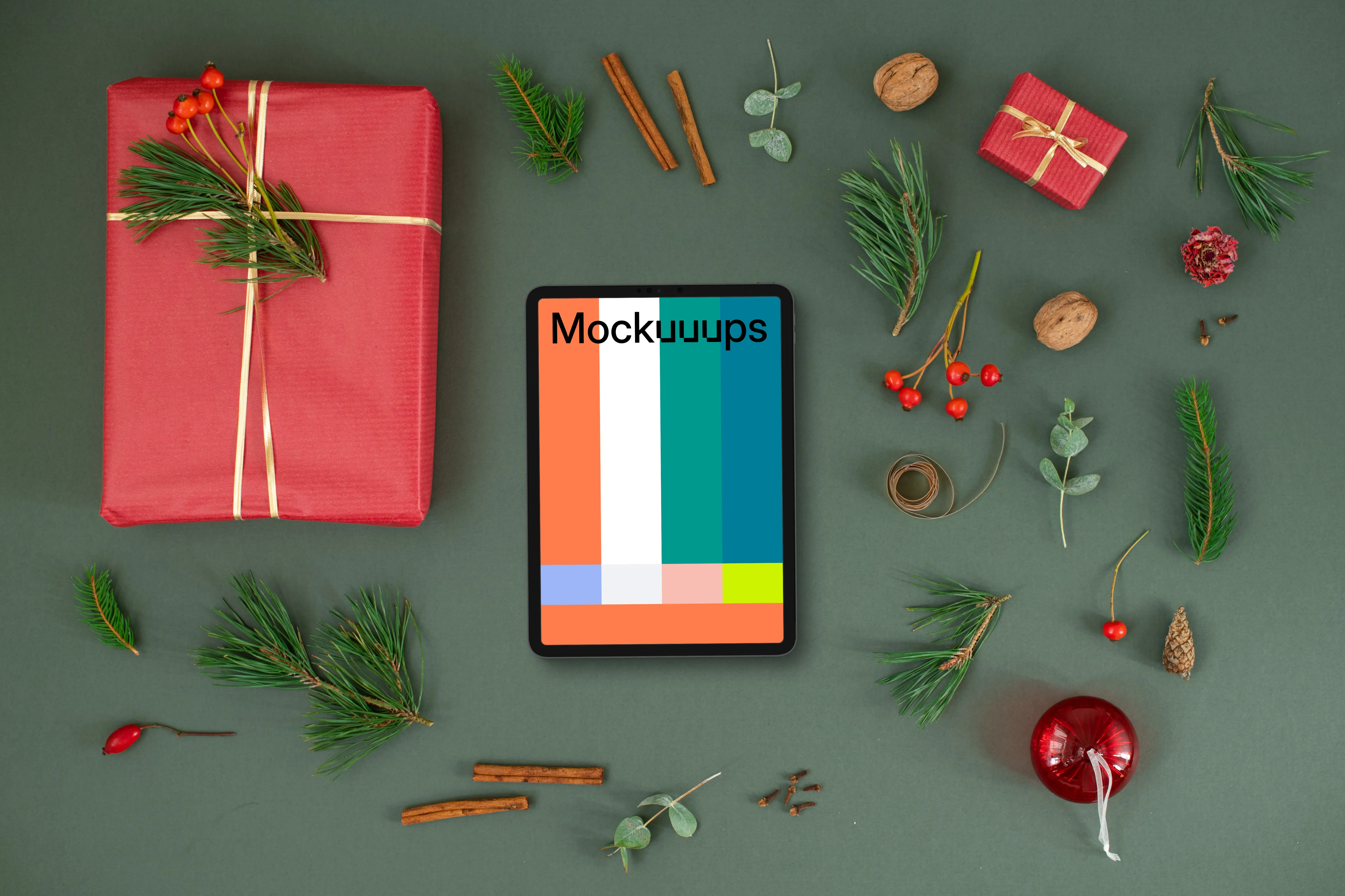 Top view of tablet mockup with christmas decoration