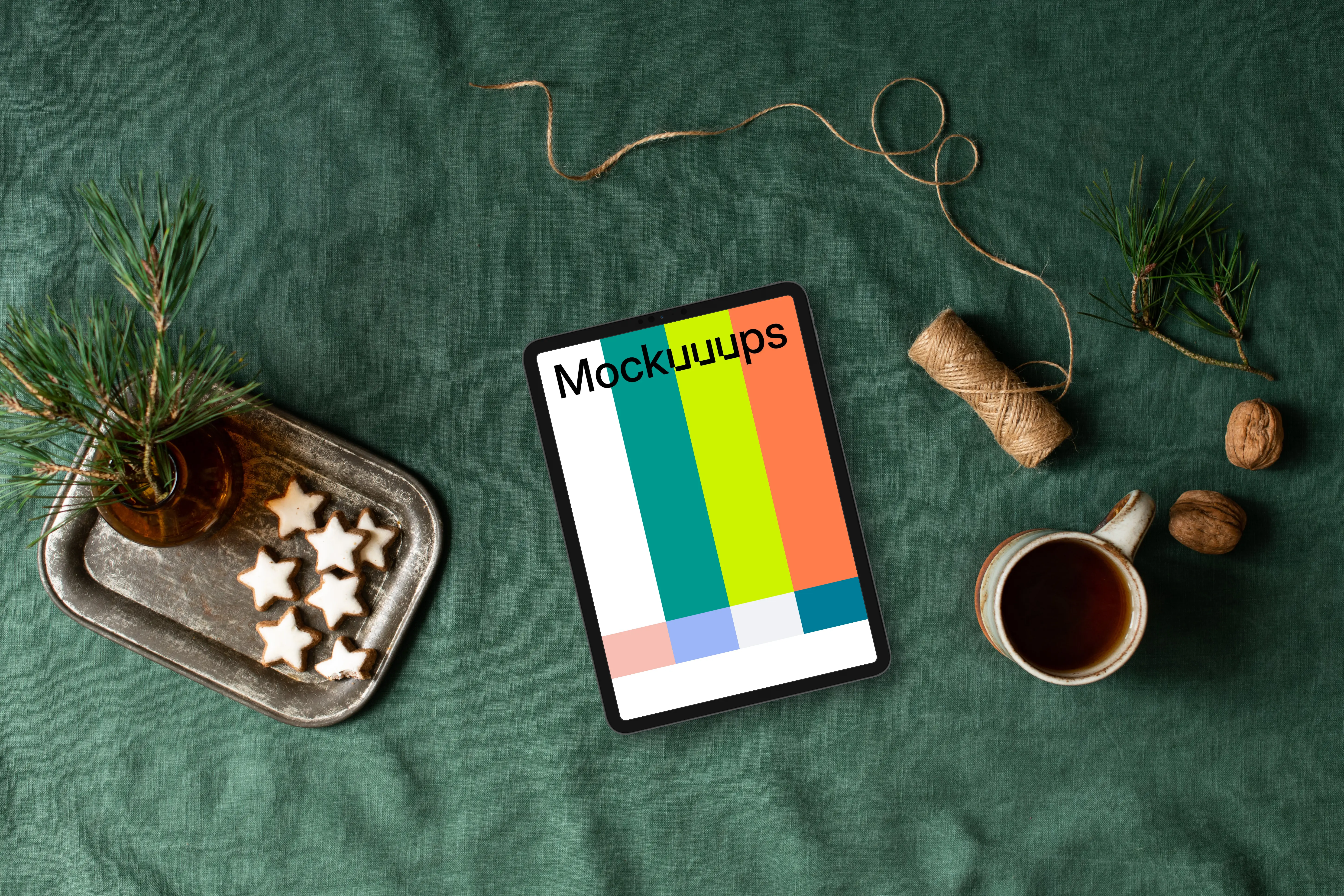 Top view of tablet mockup with christmas design