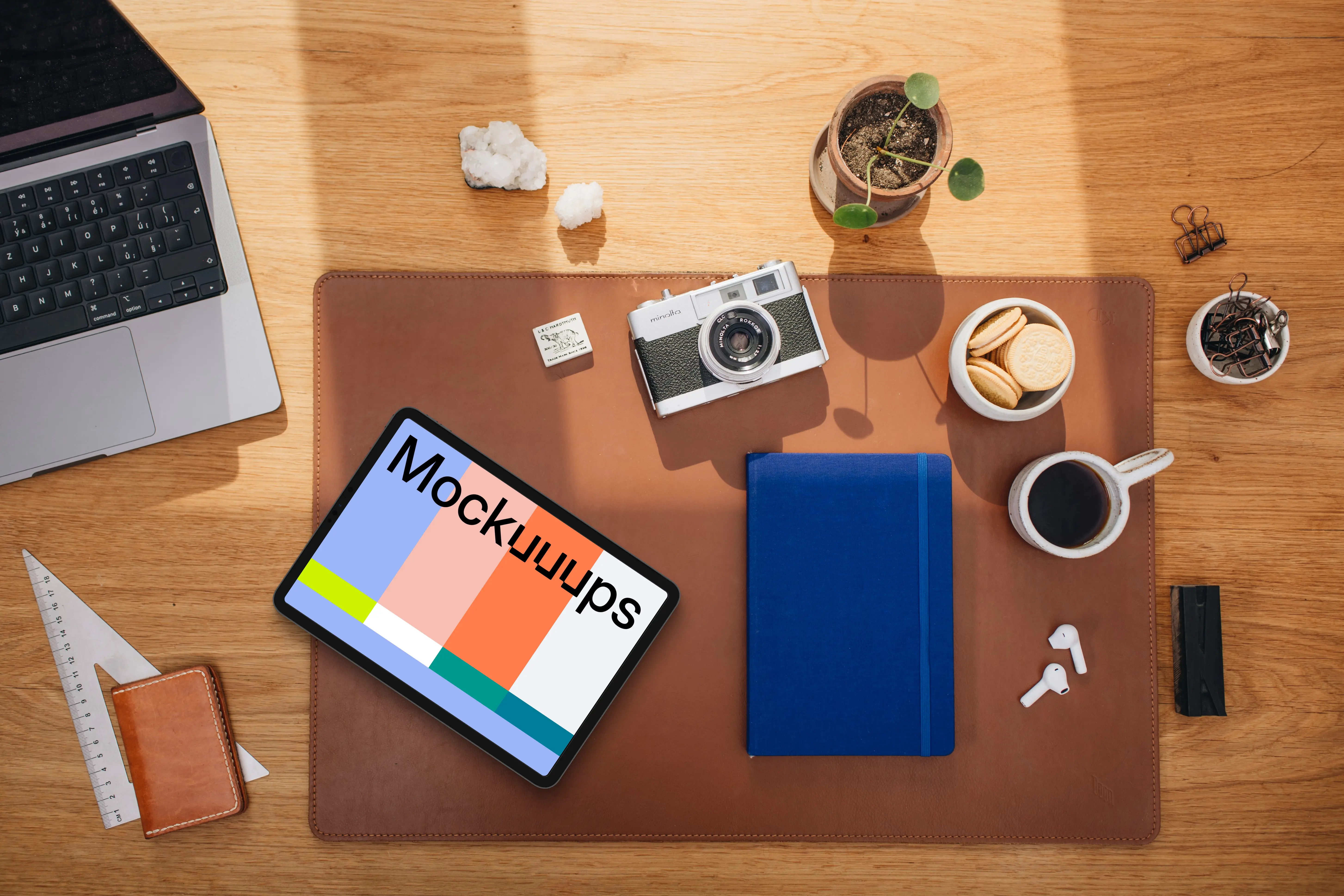 Top view of tablet on the office desk
