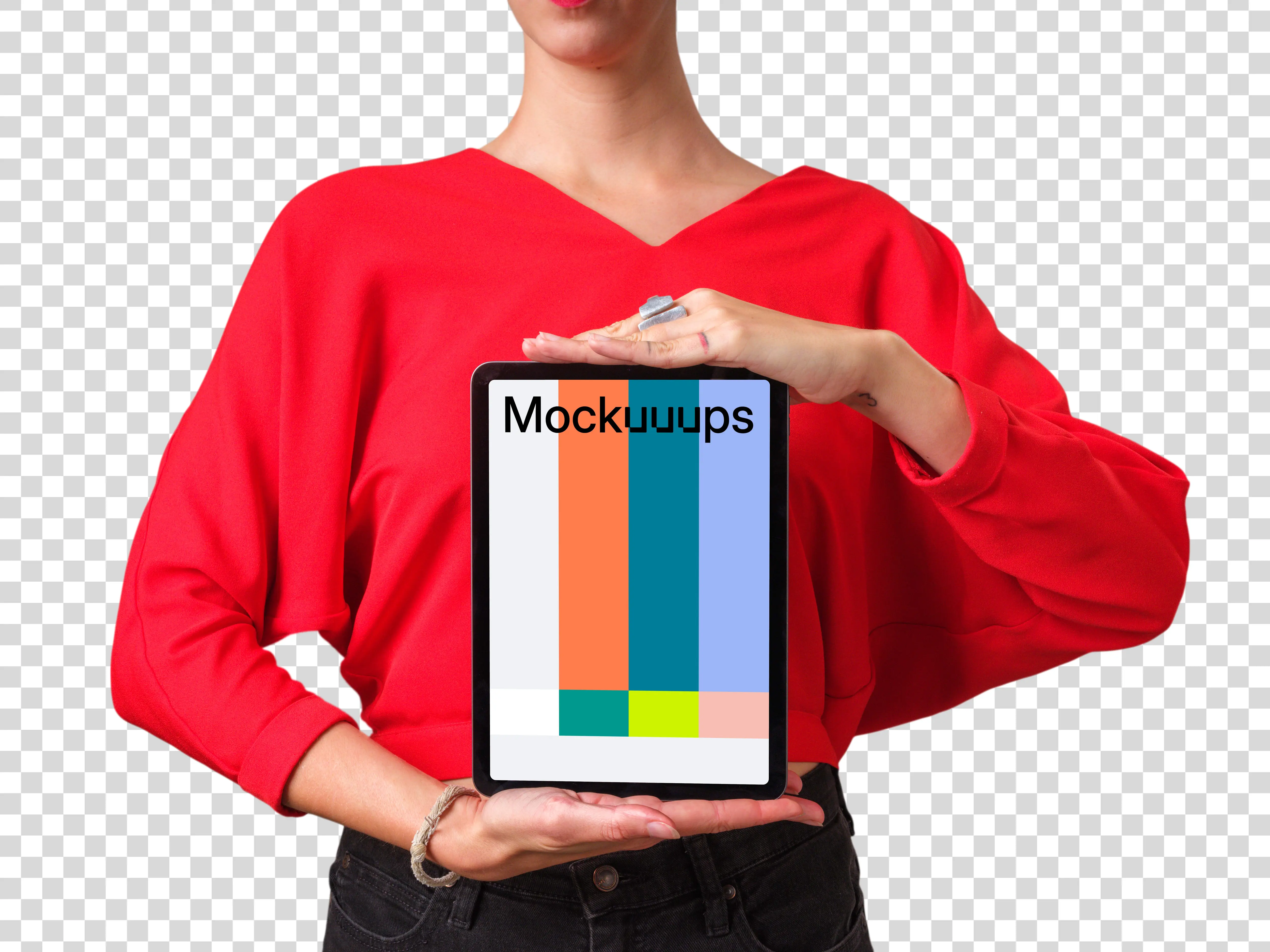 Woman framing iPad mockup with both hands