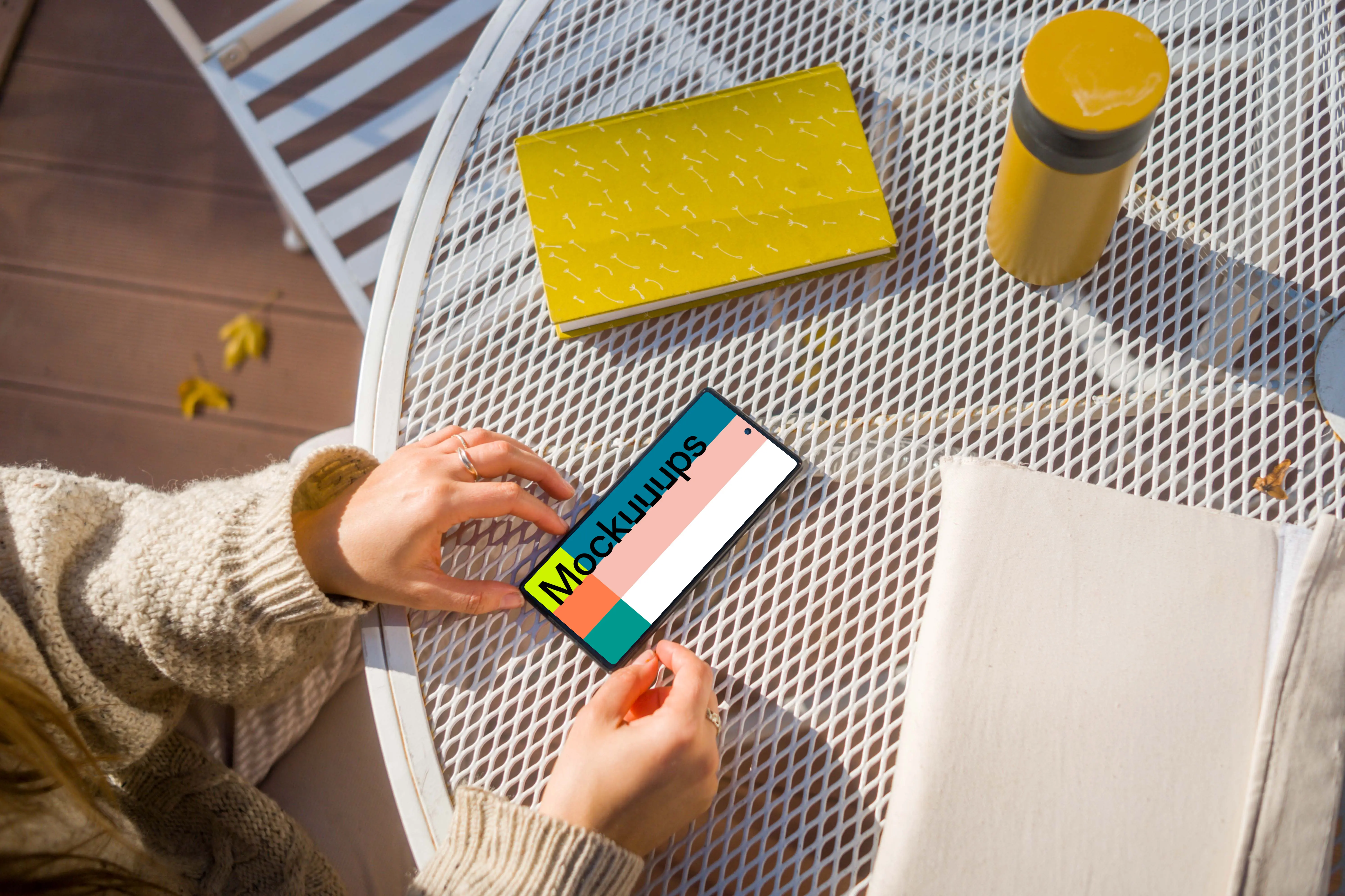 Woman hands near Google Pixel 6 with bottle and notes mockup