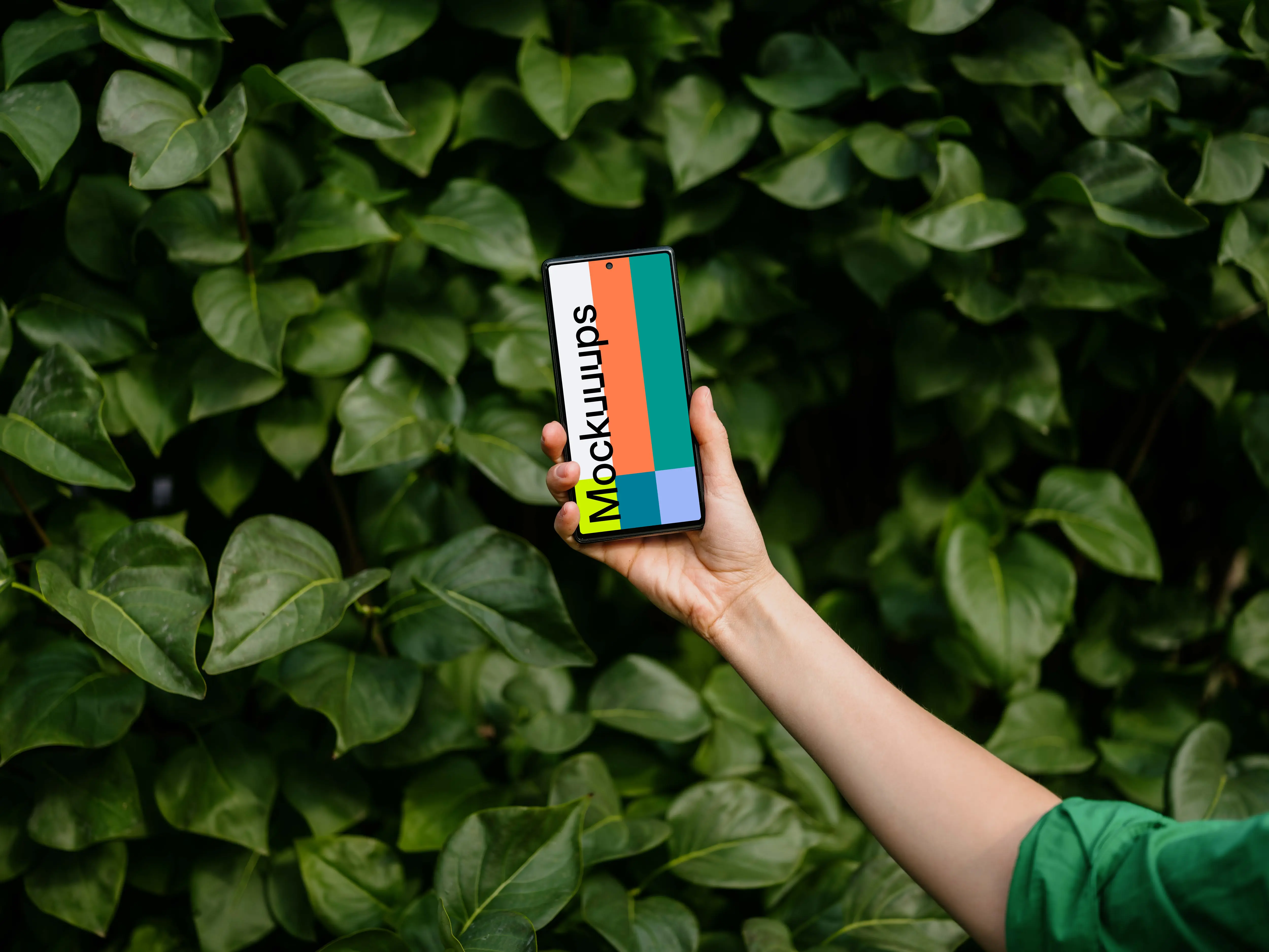 Woman holding a Google Pixel 6 mockup in green theme