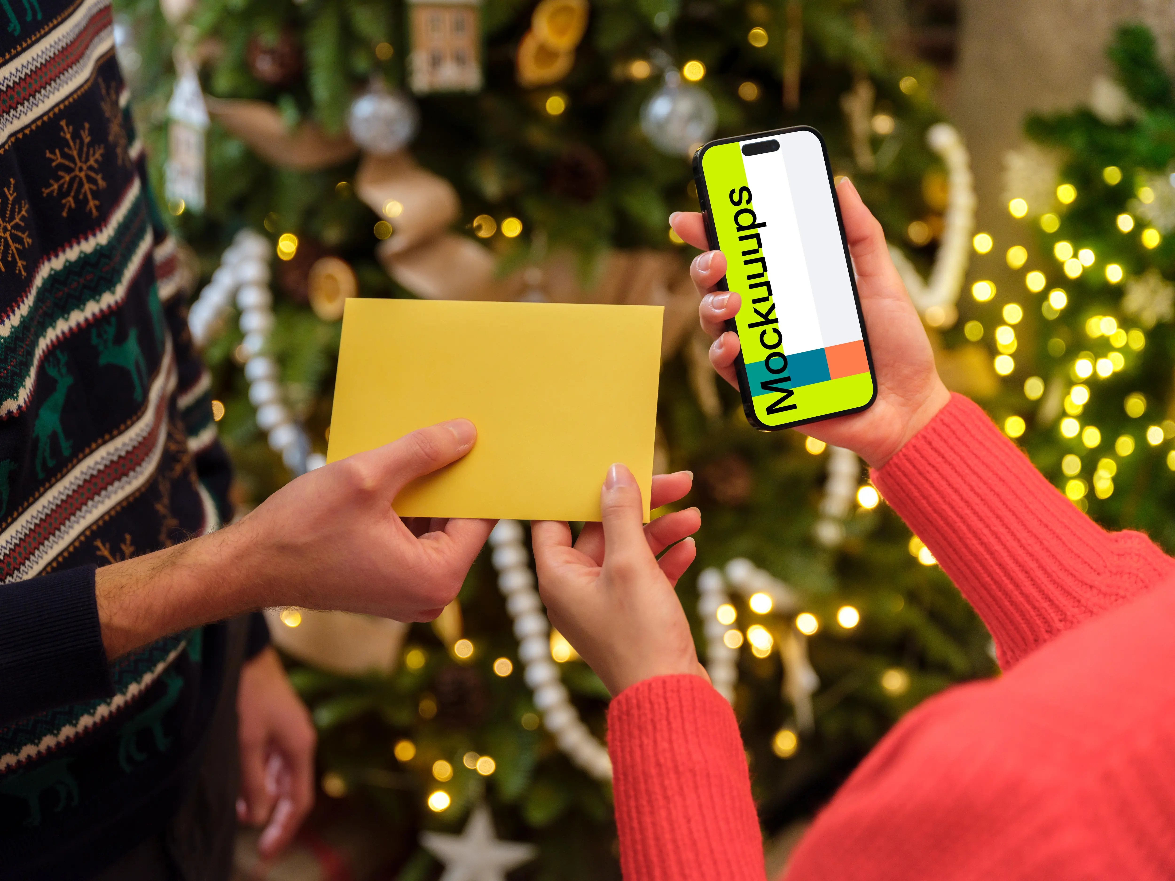 Woman holding a phone and gift card mockup