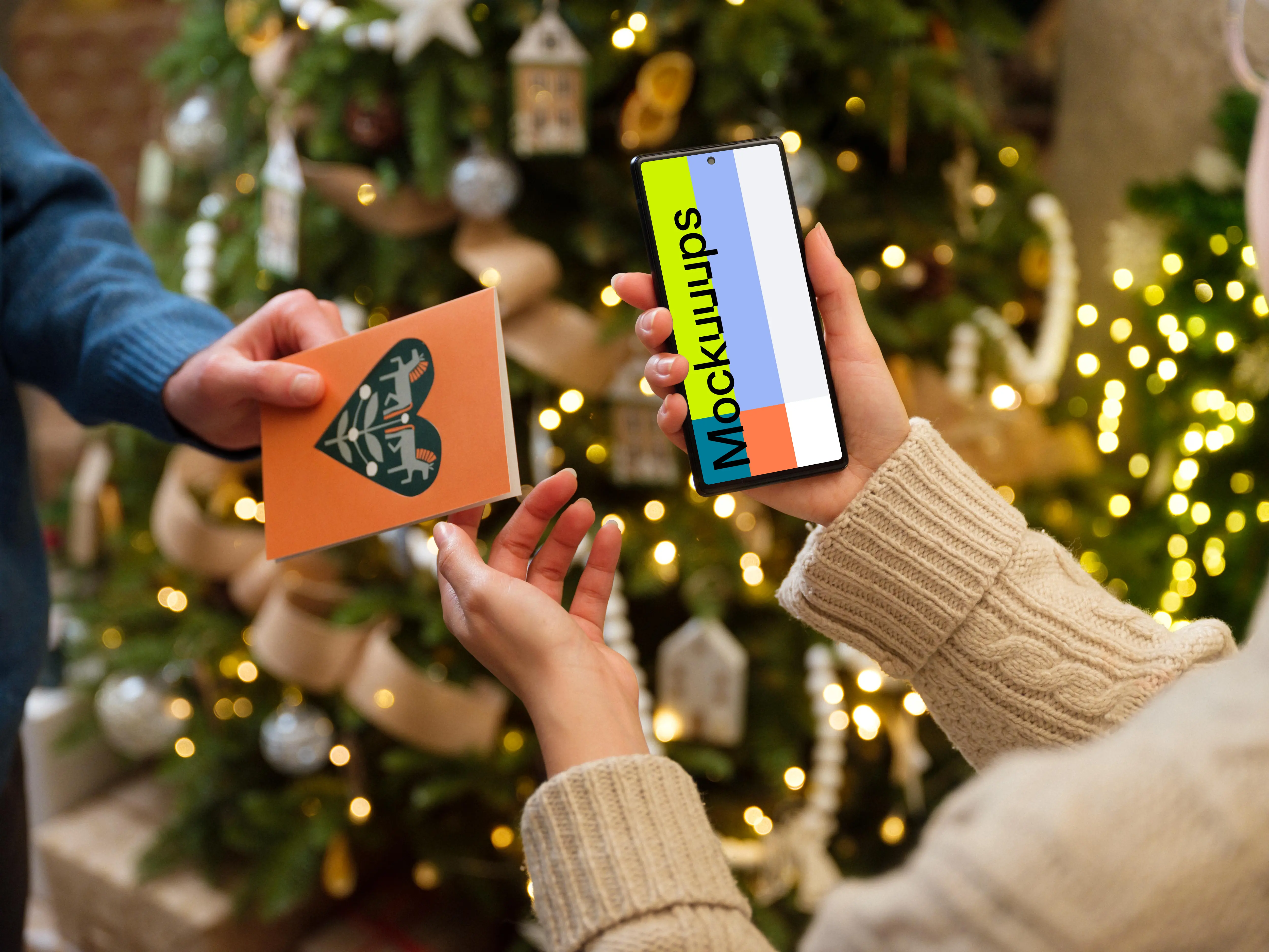 Woman holding a phone mockup while getting a gift card