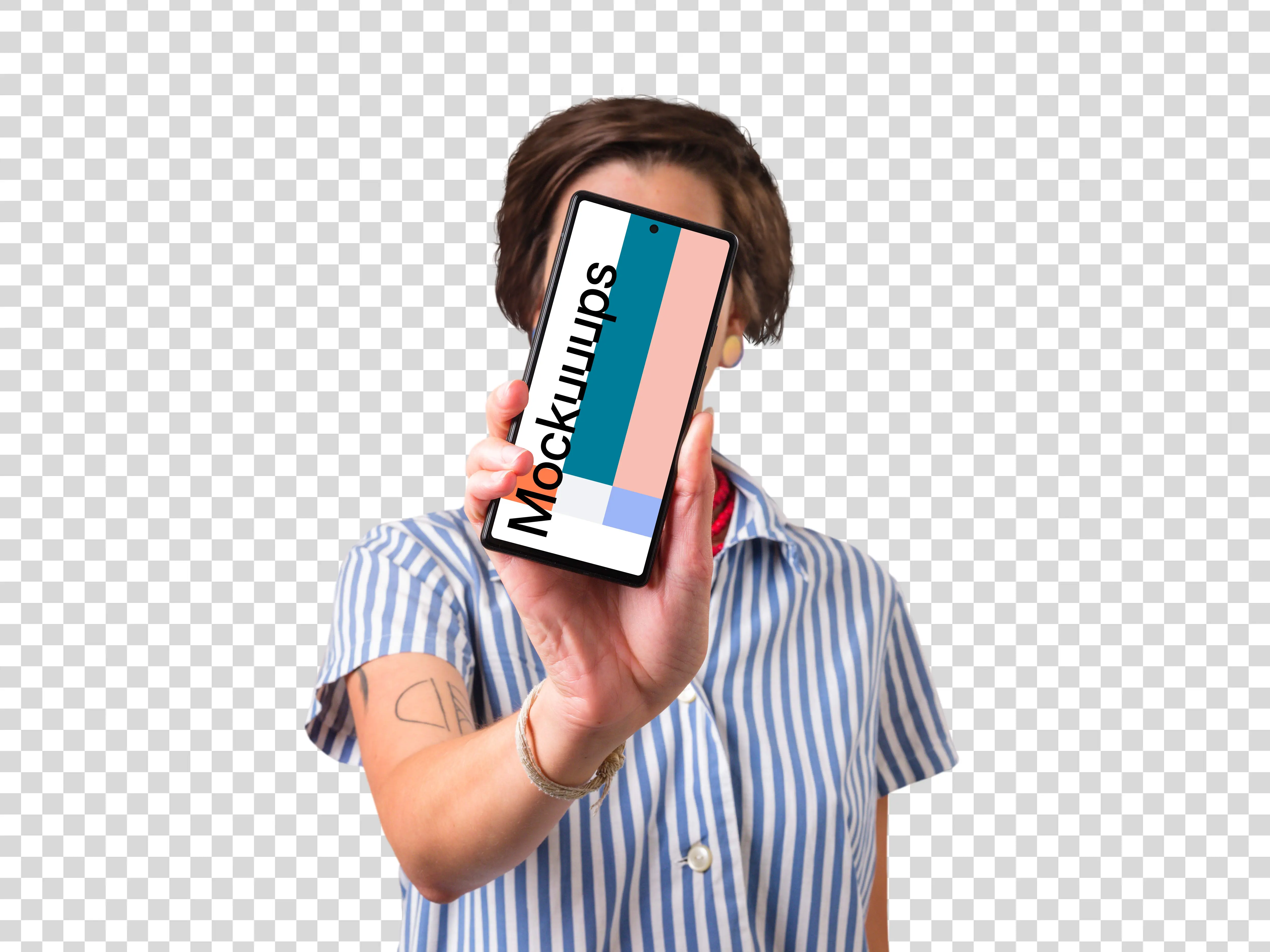 Woman holding Google Pixel mockup in front of her face