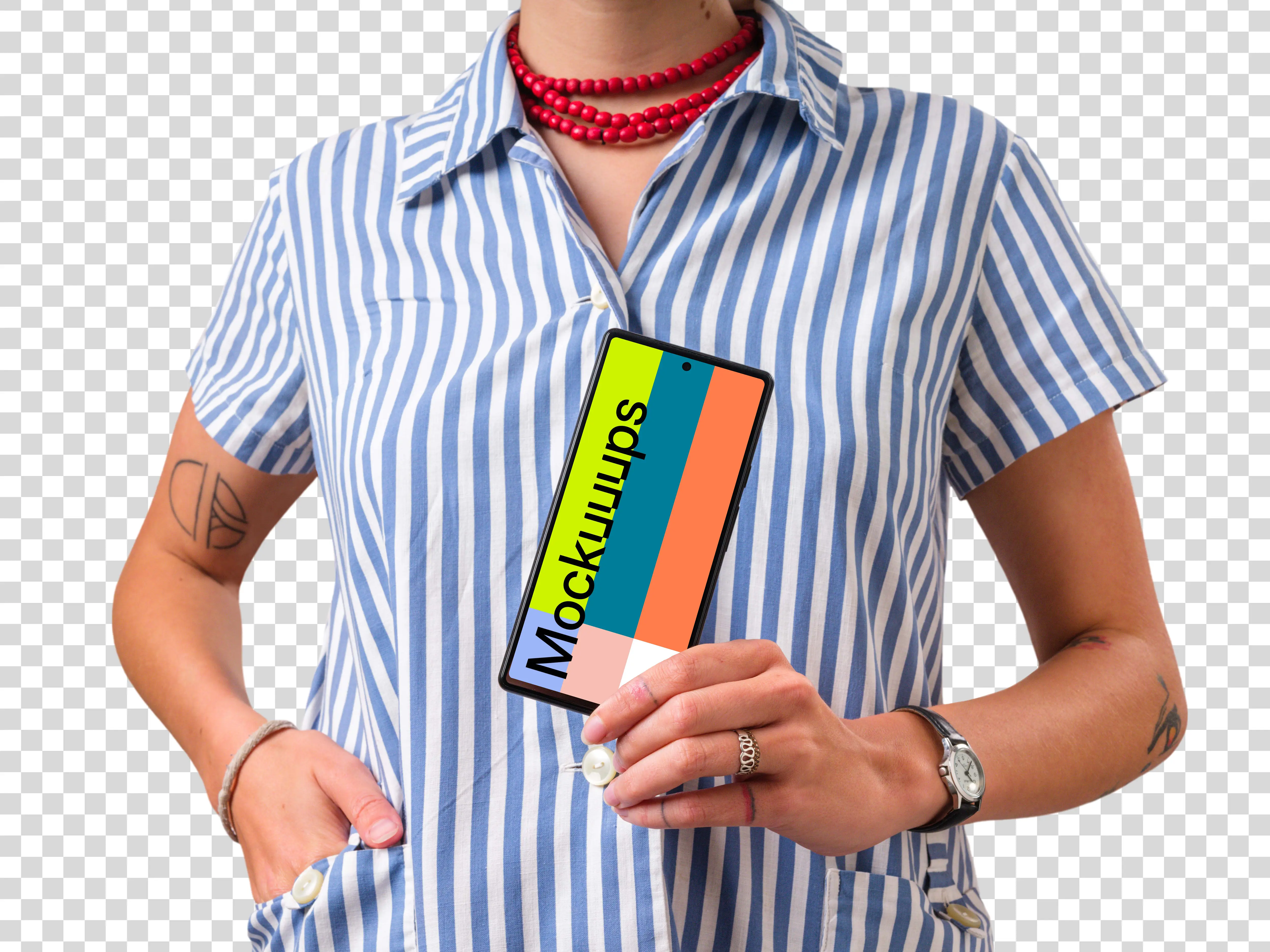 Woman holding Google Pixel mockup in one hand