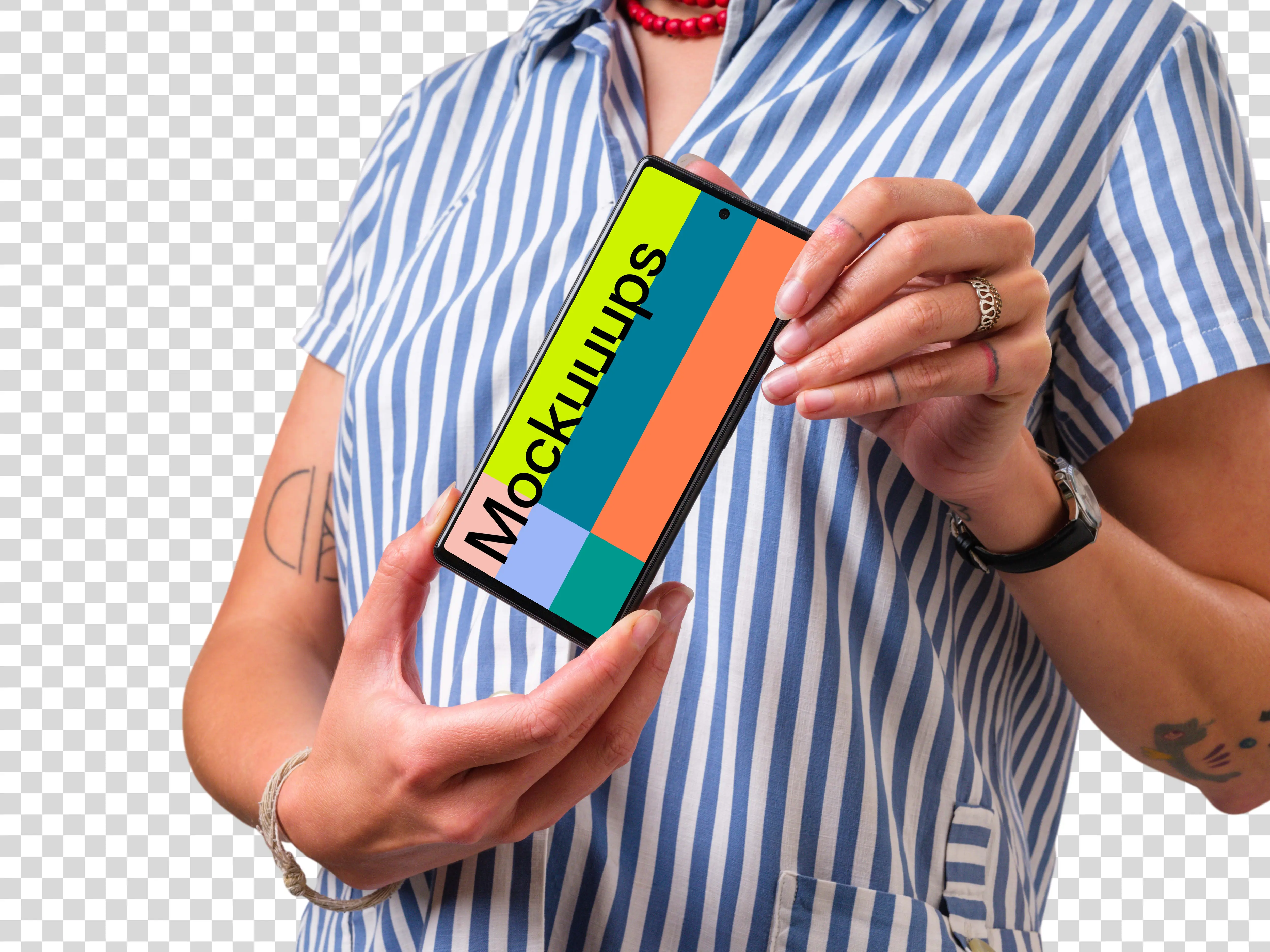 Woman holding Google Pixel mockup with both hands