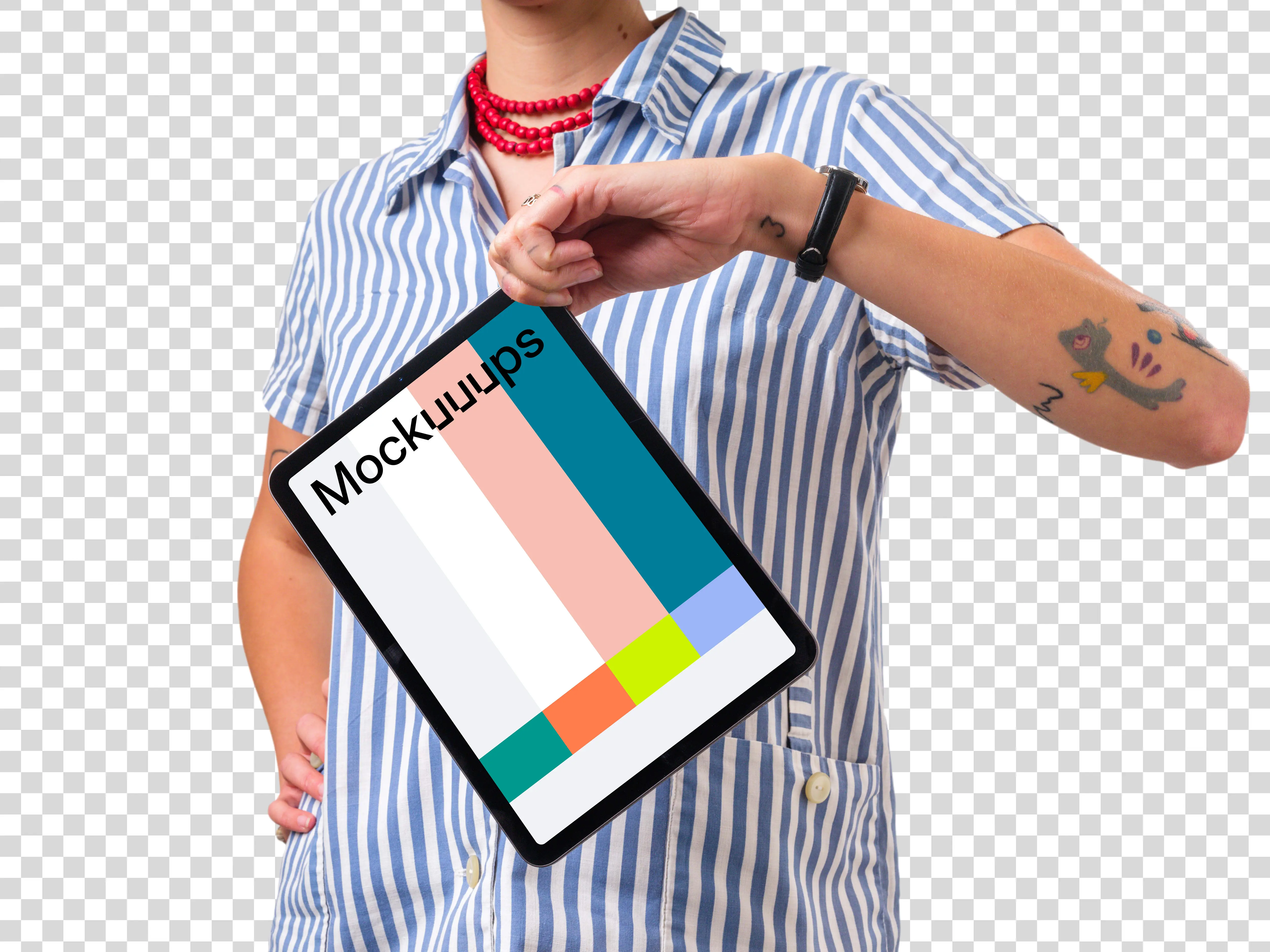Woman holding iPad mockup from the top