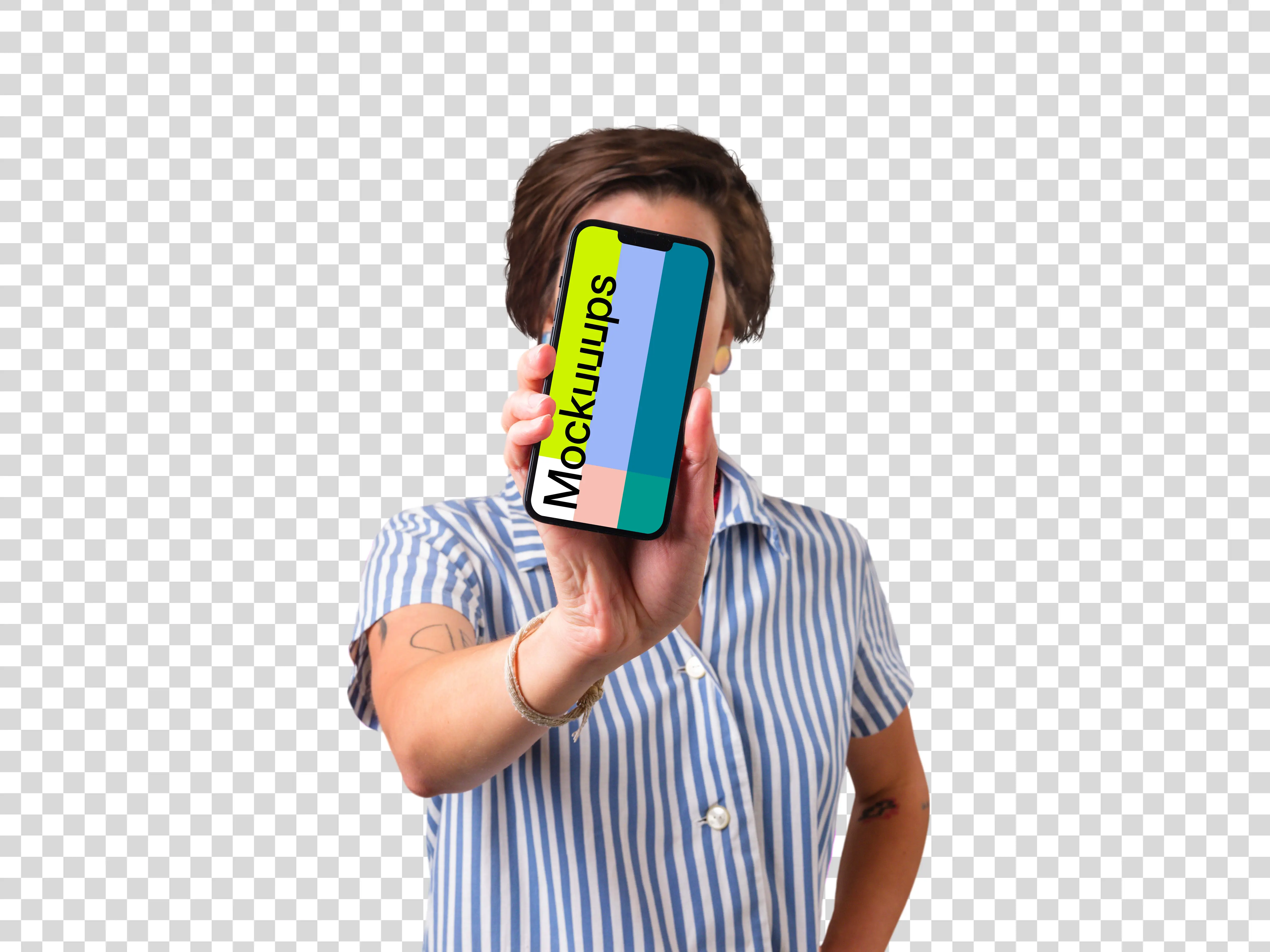 Woman holding iPhone mockup in front of her face