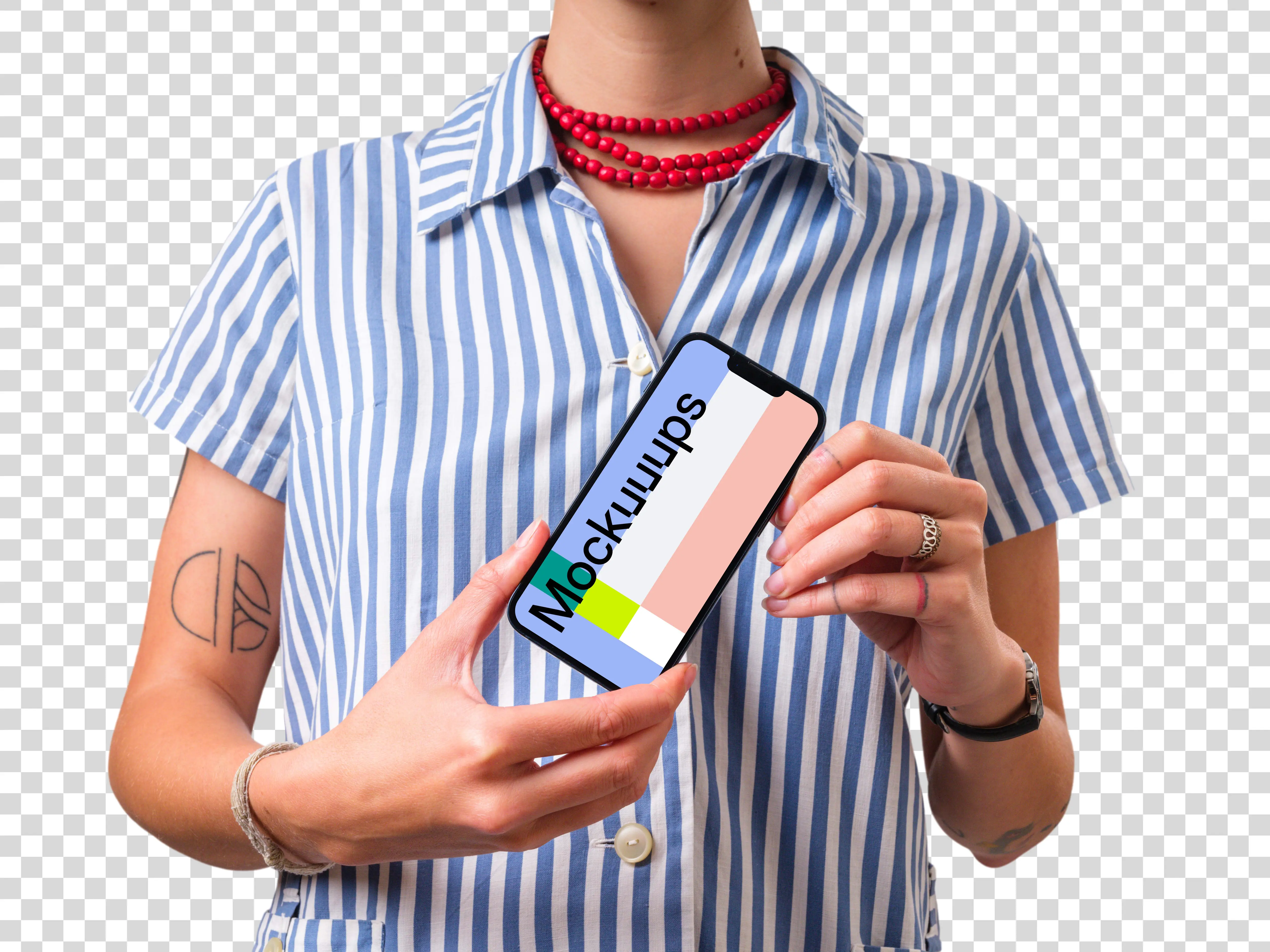 Woman holding iPhone mockup with both hands