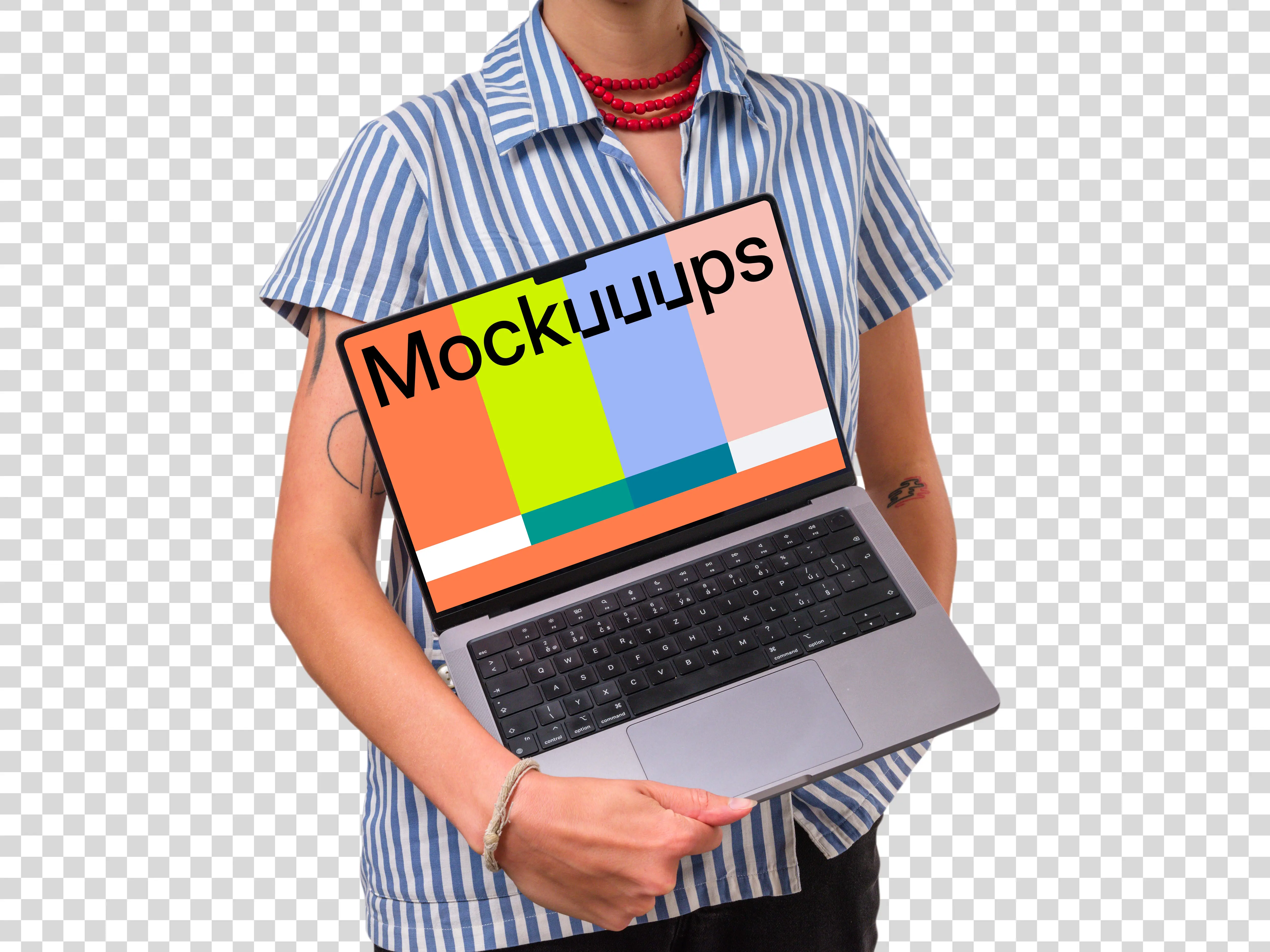 Woman holding opened MacBook mockup