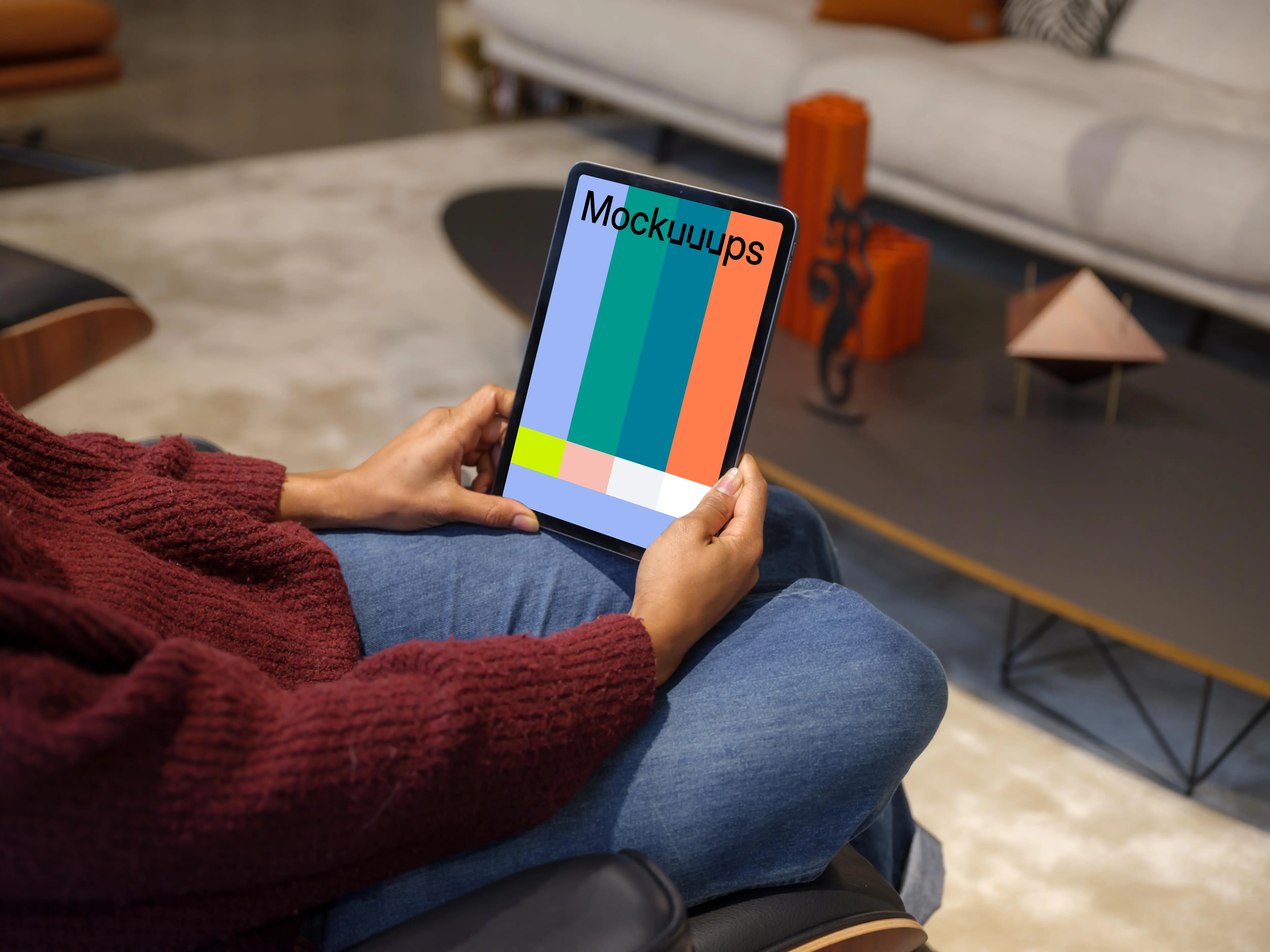 Woman in burgundy sweater with iPad Air mockup