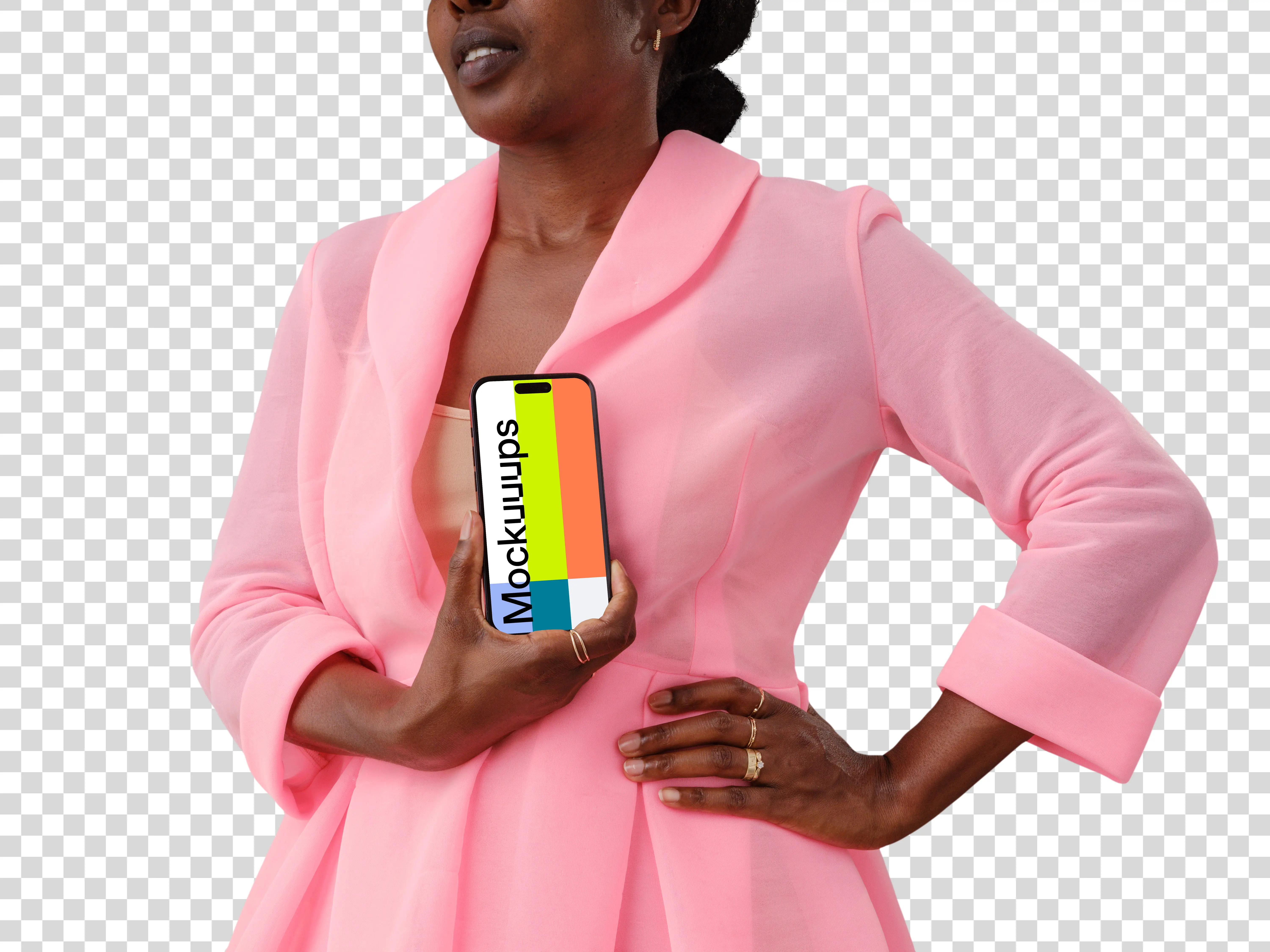 Woman in business with an iPhone mockup