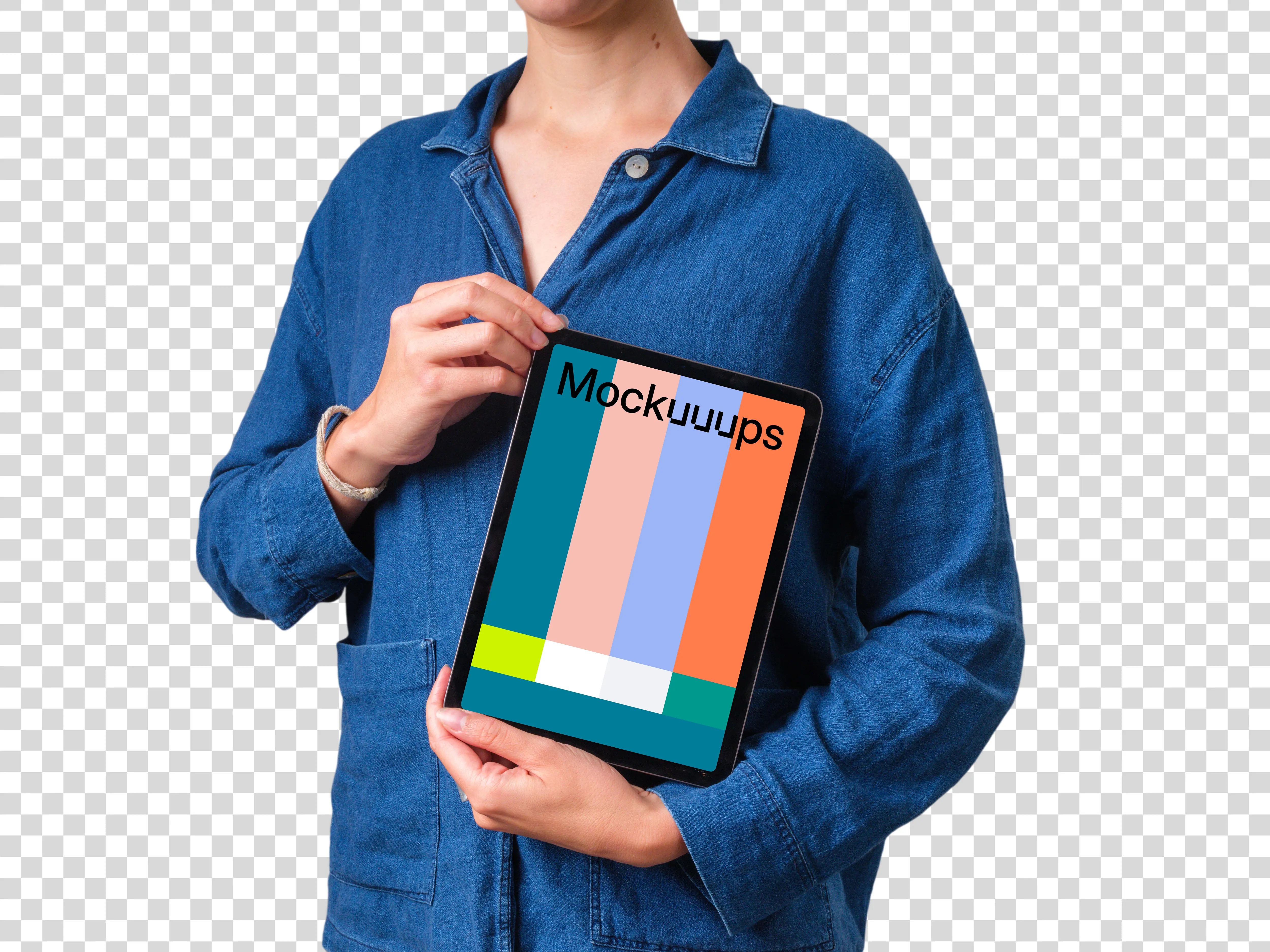 Woman in denim shirt holding iPad mockup