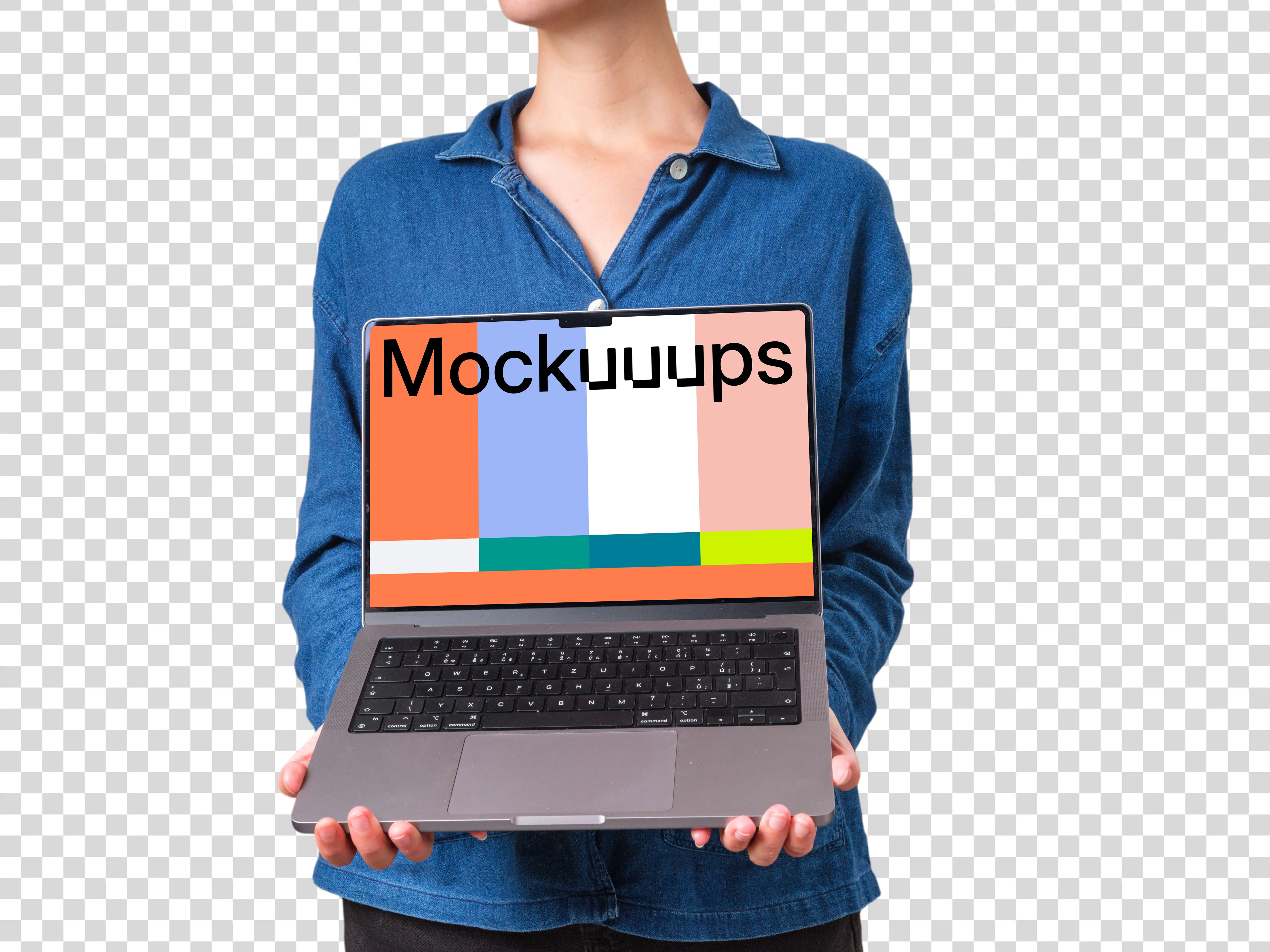 Woman in denim shirt holding MacBook mockup