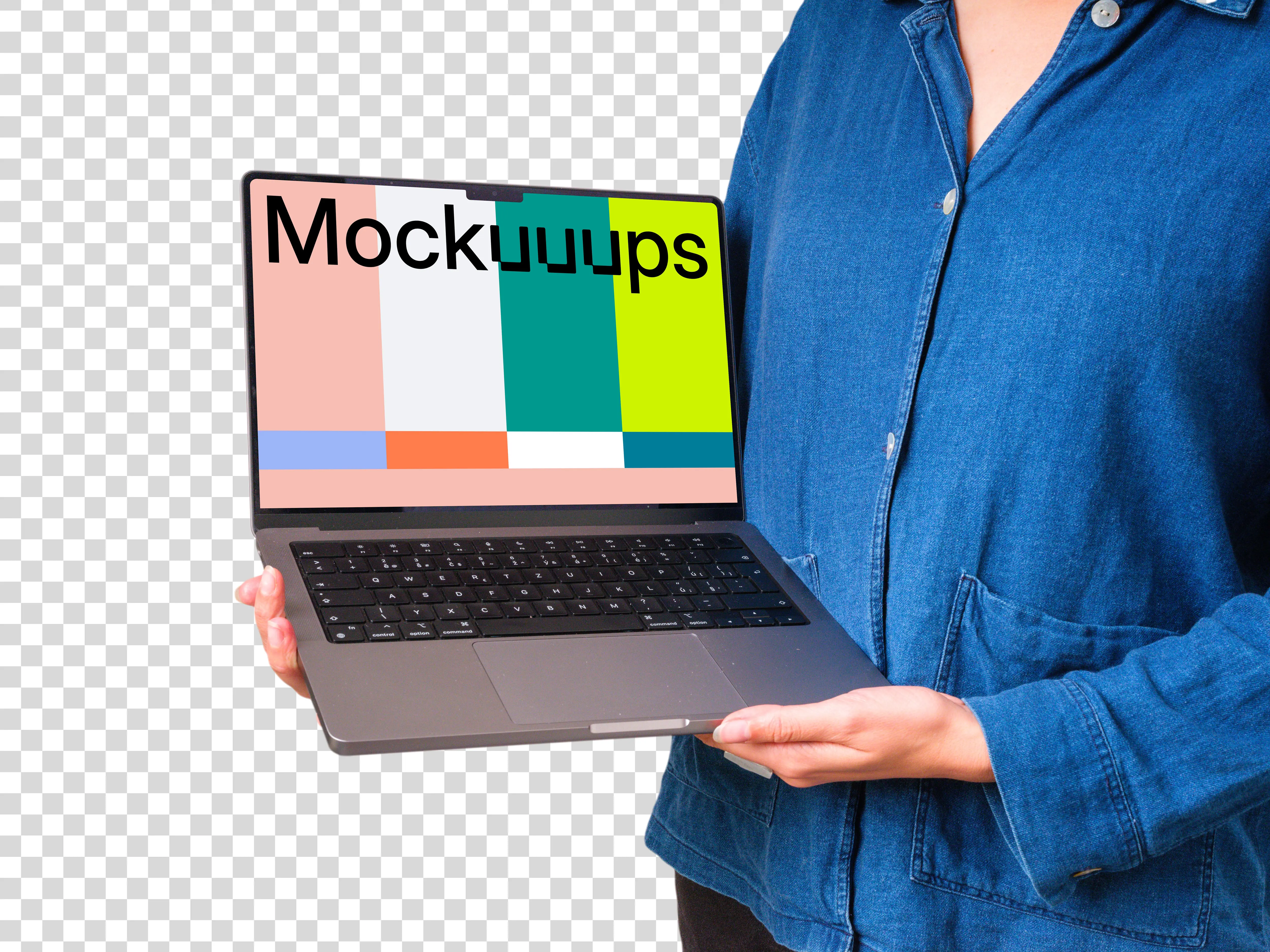 Woman in denim shirt holding opened MacBook mockup
